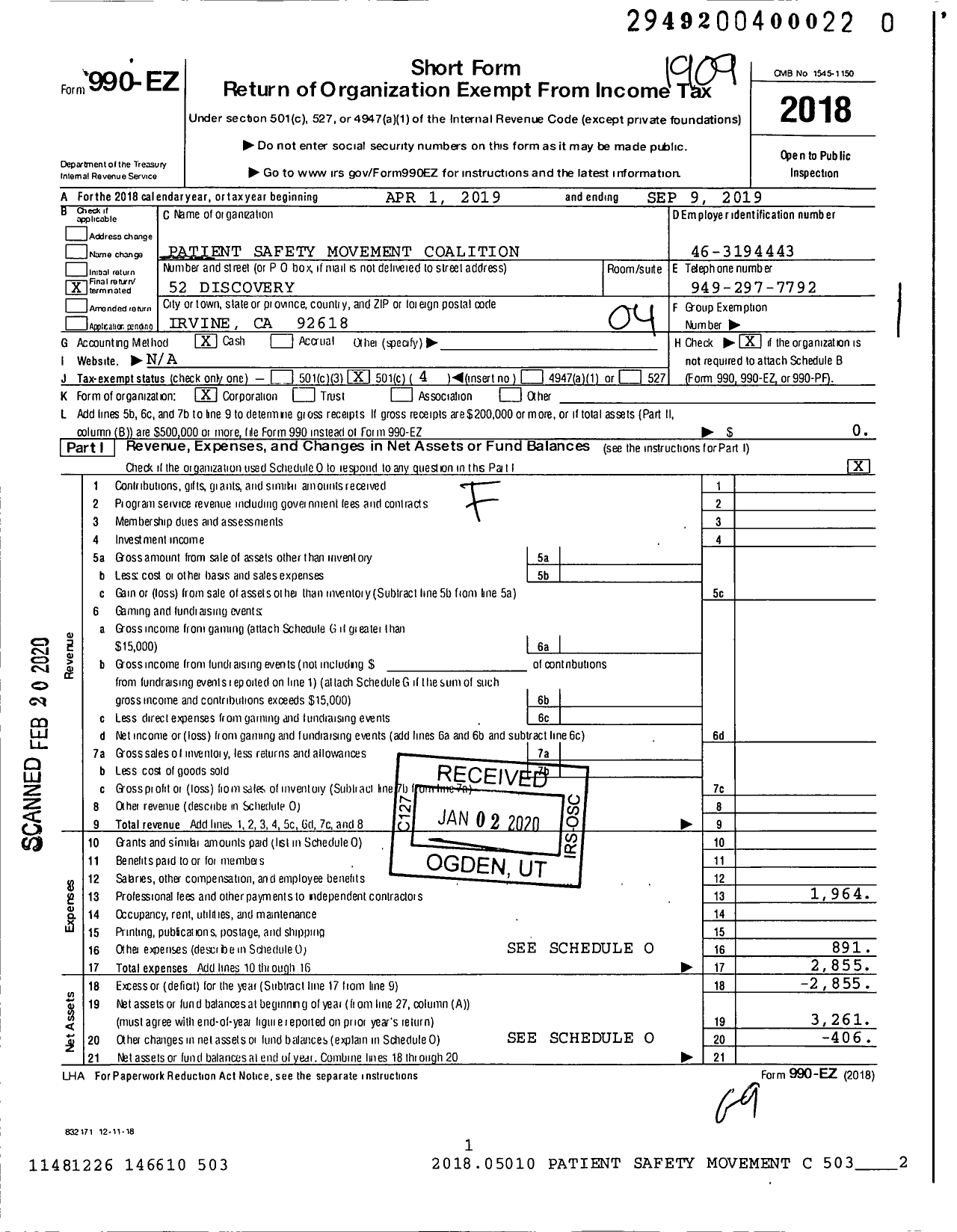 Image of first page of 2018 Form 990EO for Patient Safety Movement Coalition