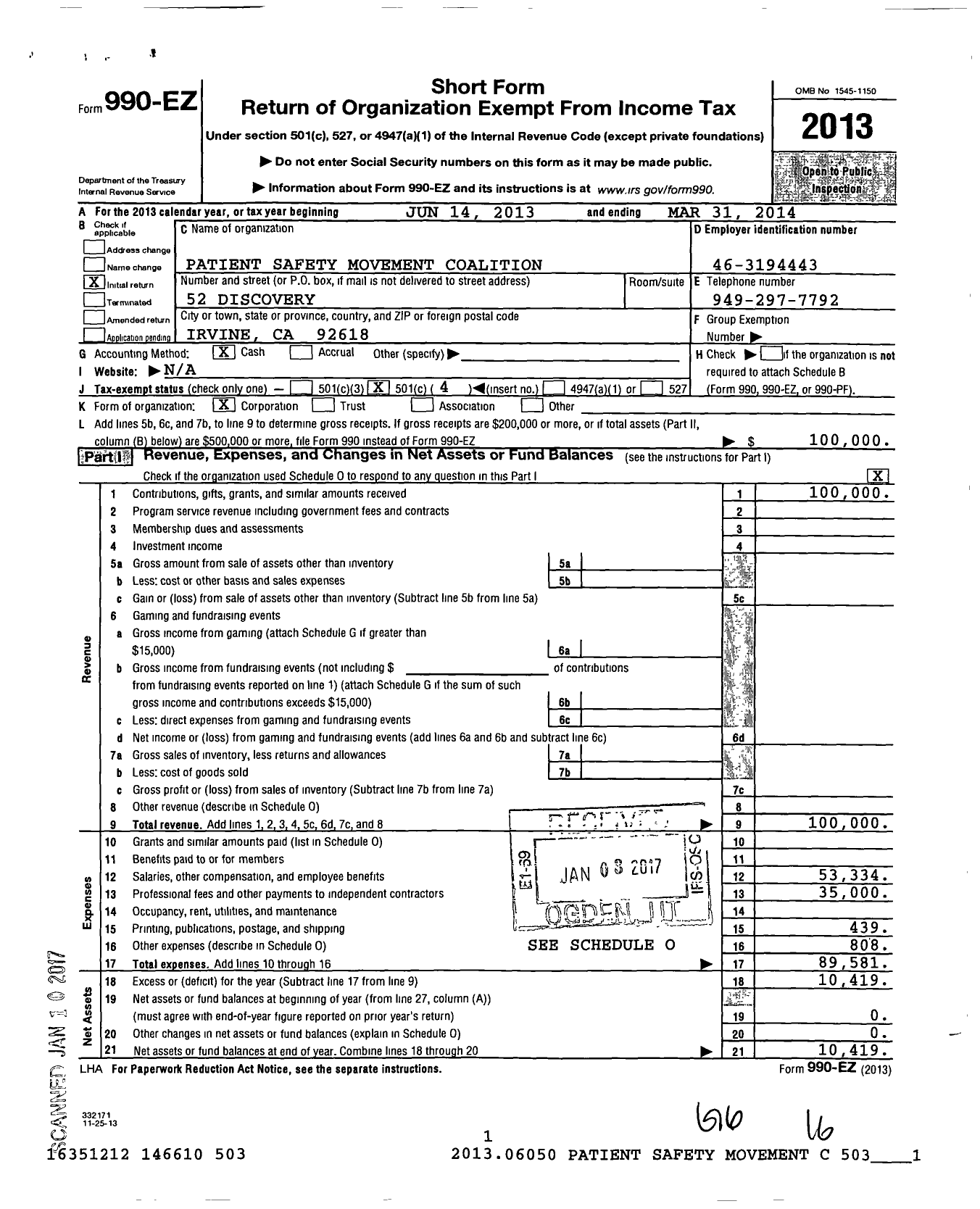 Image of first page of 2013 Form 990EO for Patient Safety Movement Coalition