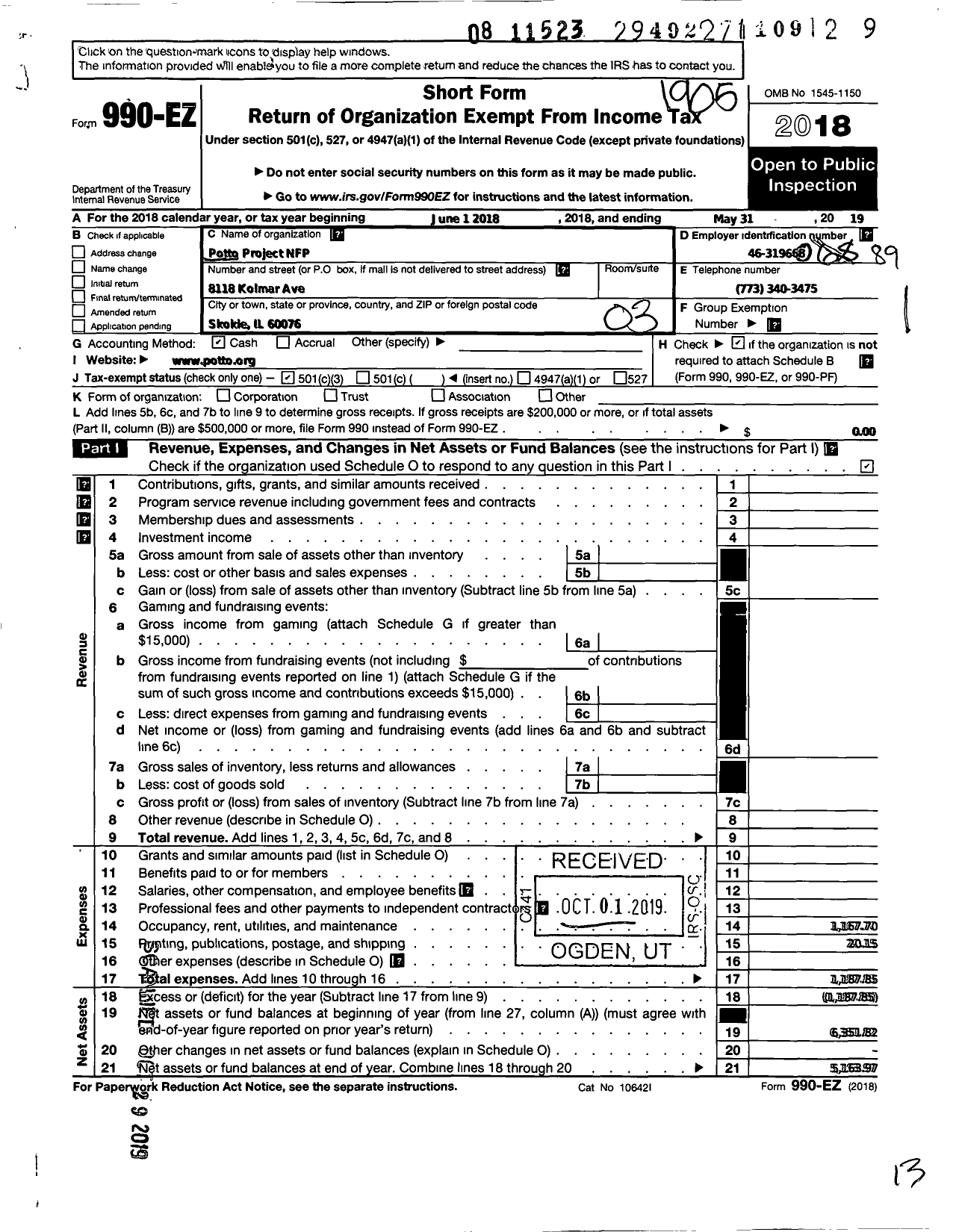 Image of first page of 2018 Form 990EZ for Potto Project NFP