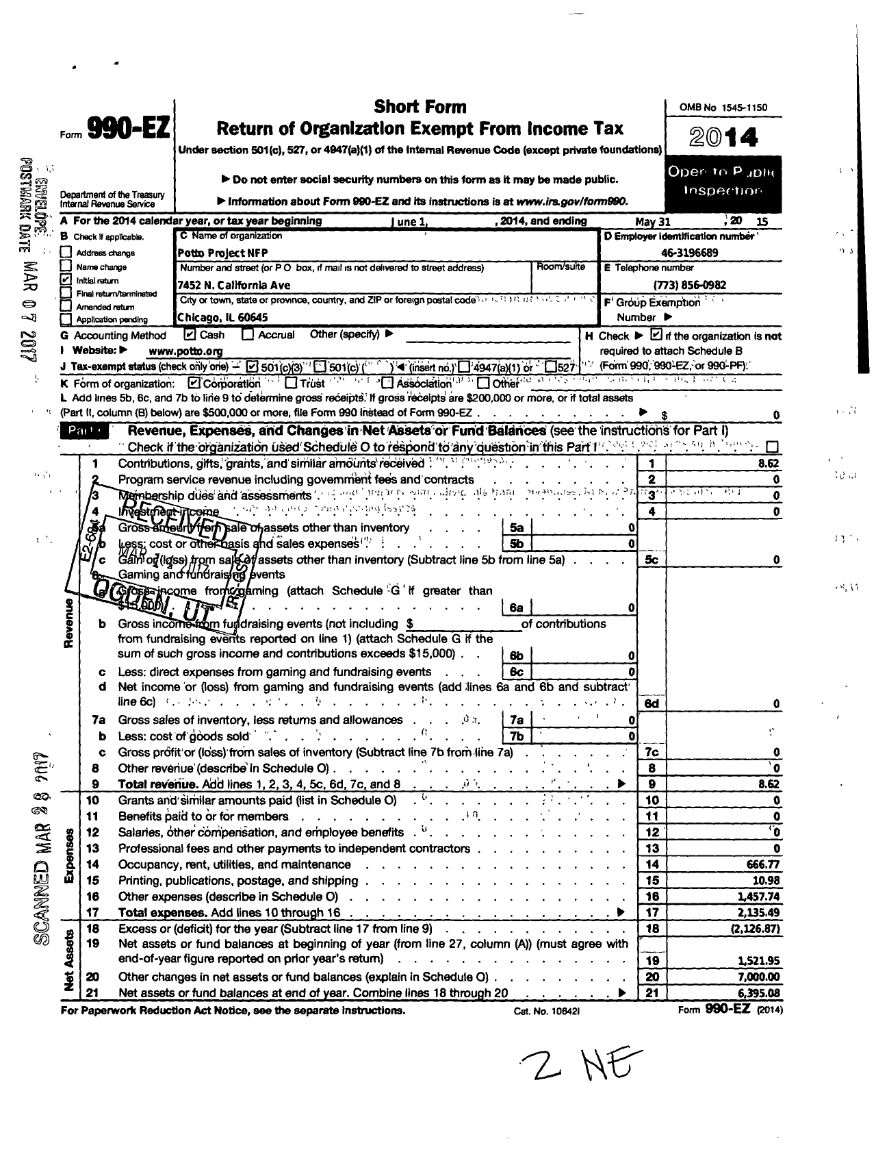 Image of first page of 2014 Form 990EZ for Potto Project NFP