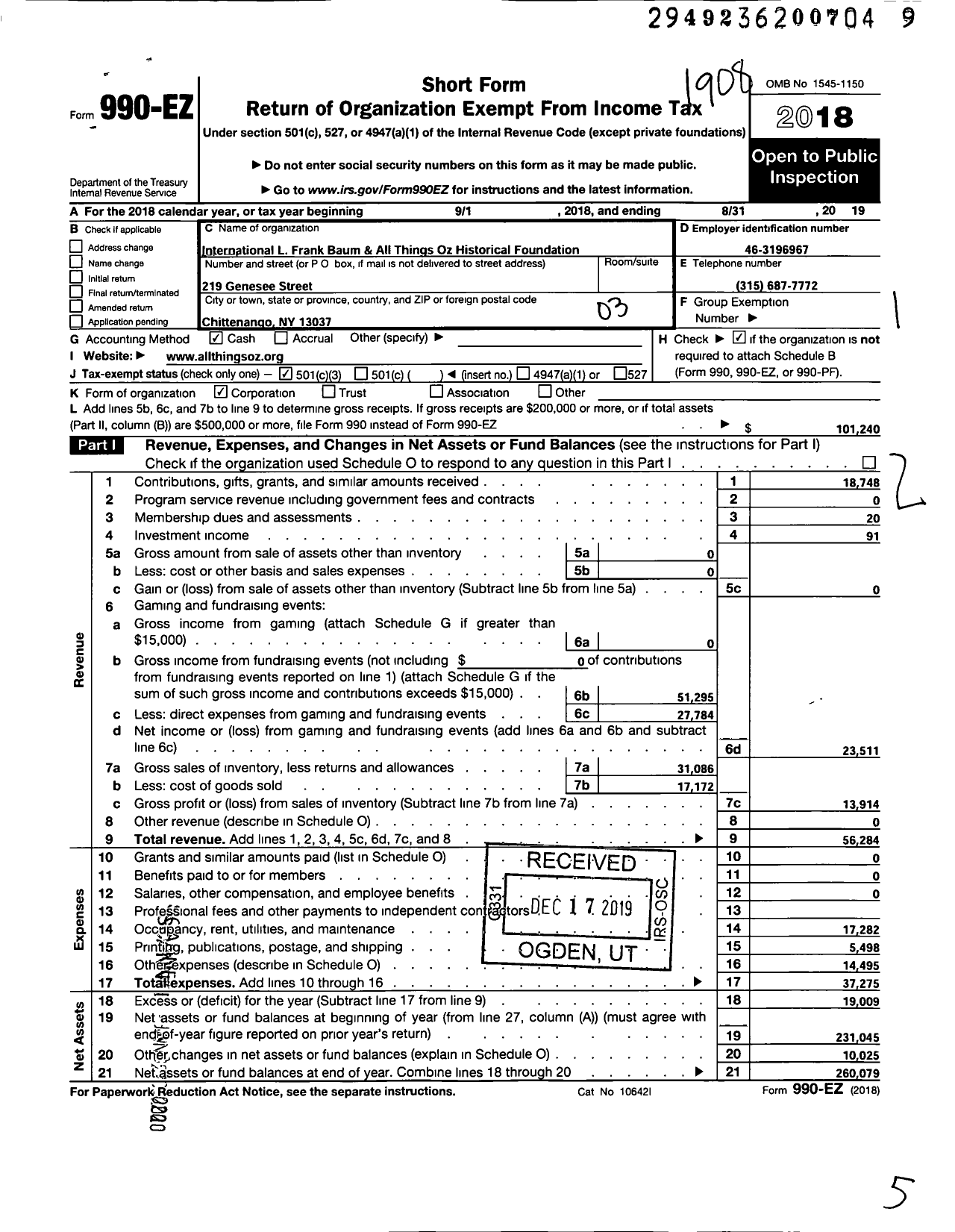 Image of first page of 2018 Form 990EZ for International L Frank Baum and All Things Oz Historical Foundation