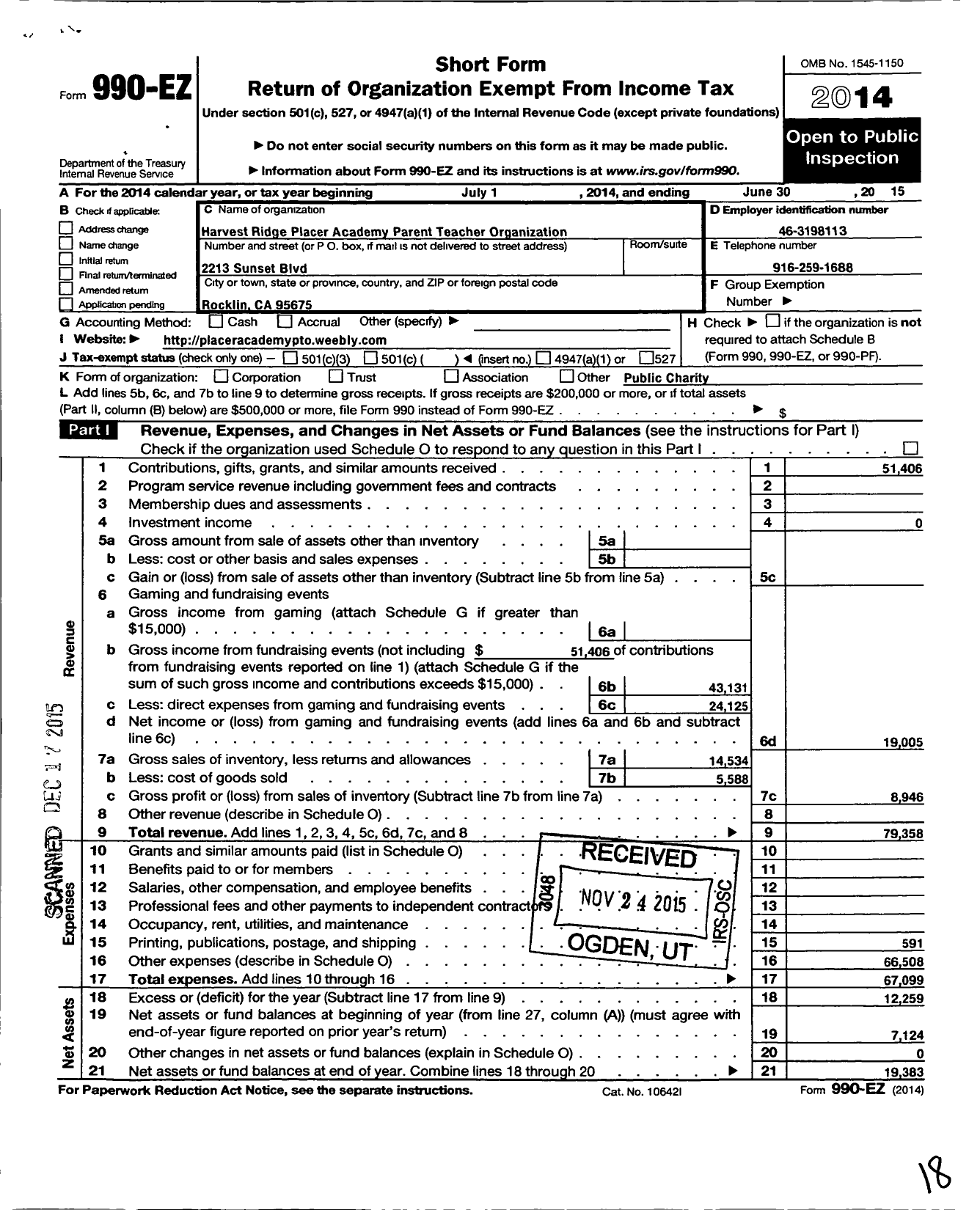 Image of first page of 2014 Form 990EO for Harvest Ridge Placer Academy Pto