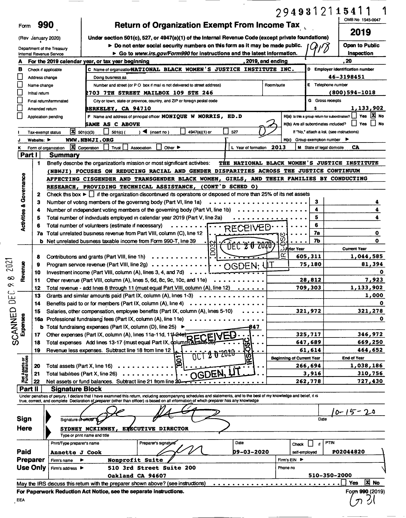 Image of first page of 2019 Form 990 for National Black Womens Justice Institite