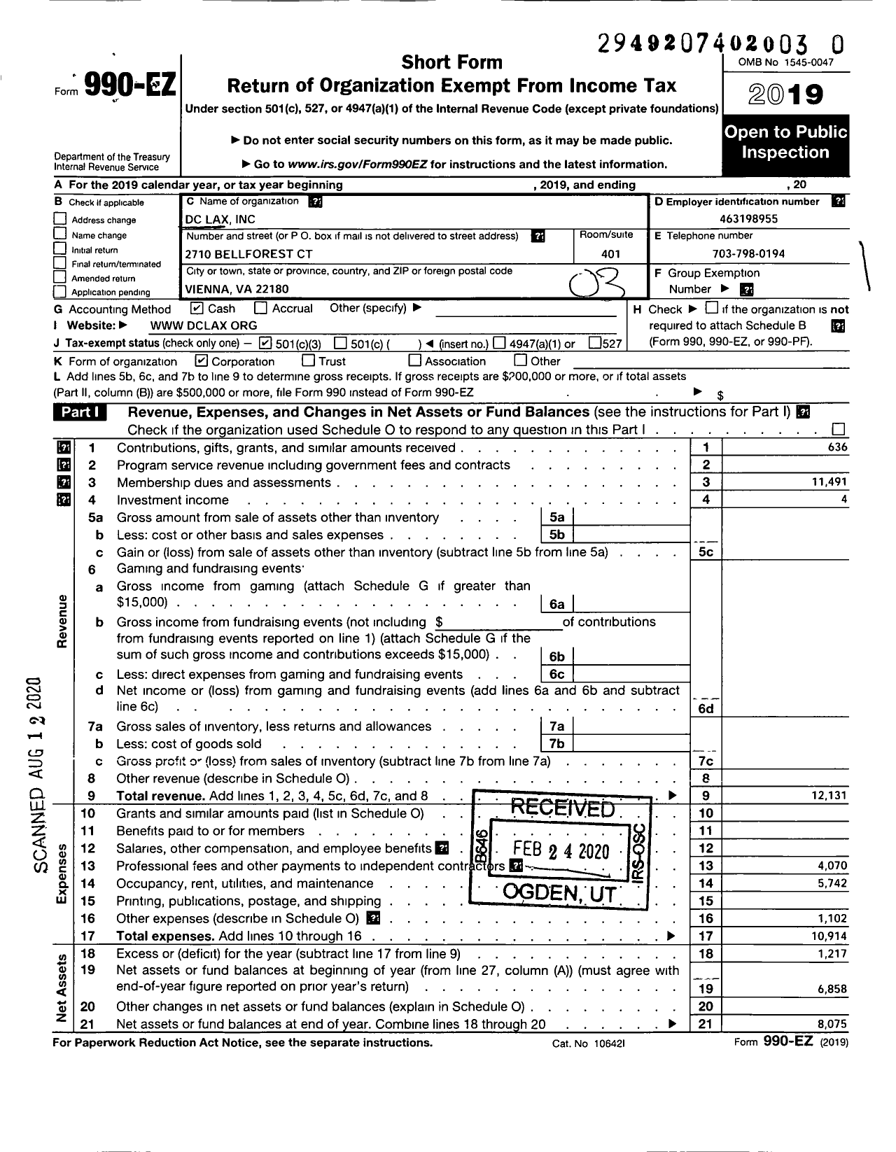 Image of first page of 2019 Form 990EZ for DC Lax