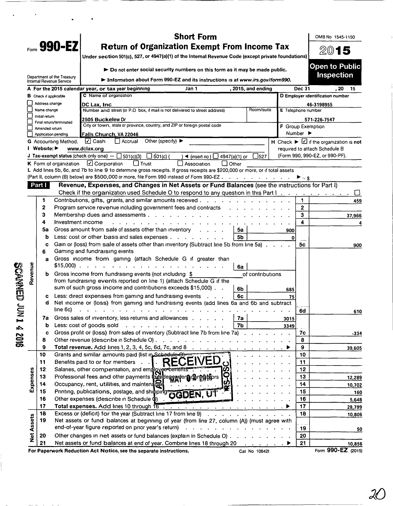 Image of first page of 2015 Form 990EO for DC Lax