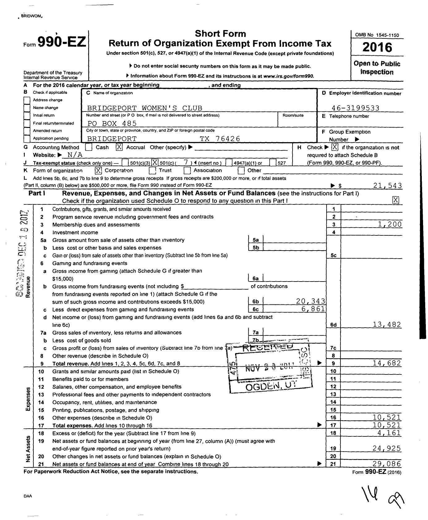 Image of first page of 2016 Form 990EO for Bridgeport Womens Club