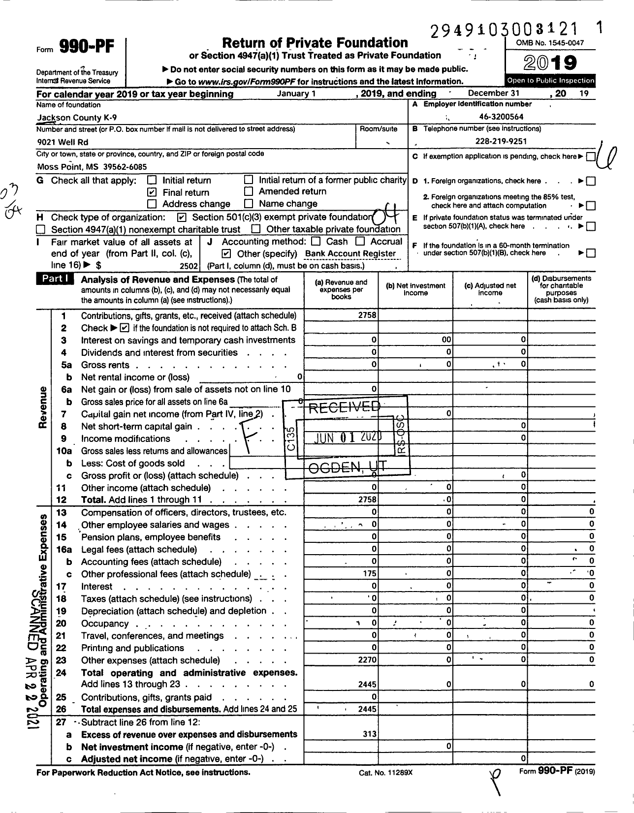 Image of first page of 2019 Form 990PF for Jackson County K-9