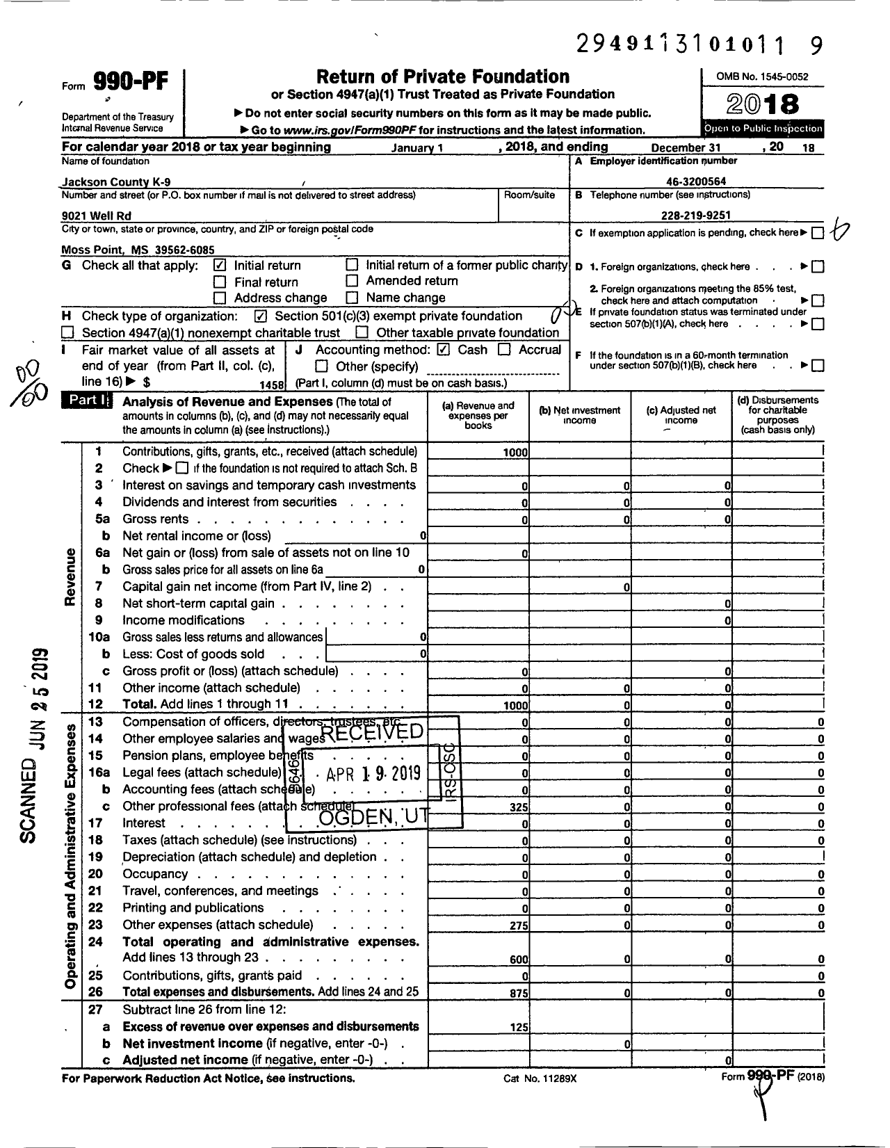 Image of first page of 2018 Form 990PF for Jackson County K-9