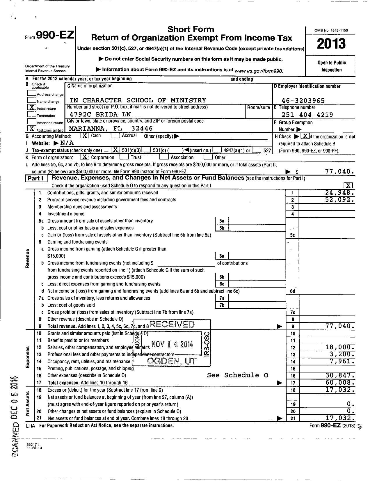 Image of first page of 2013 Form 990EZ for In Character School of Ministry