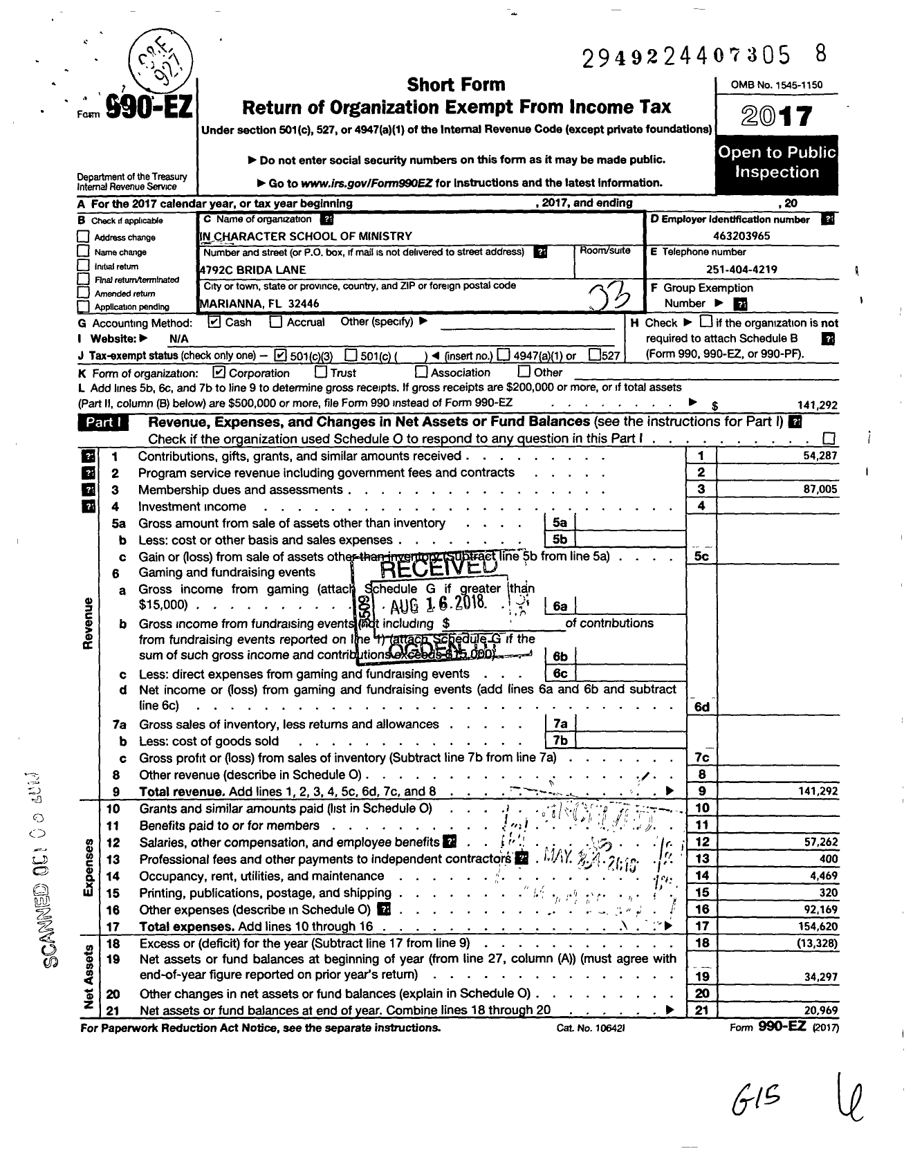 Image of first page of 2017 Form 990EZ for In Character School of Ministry