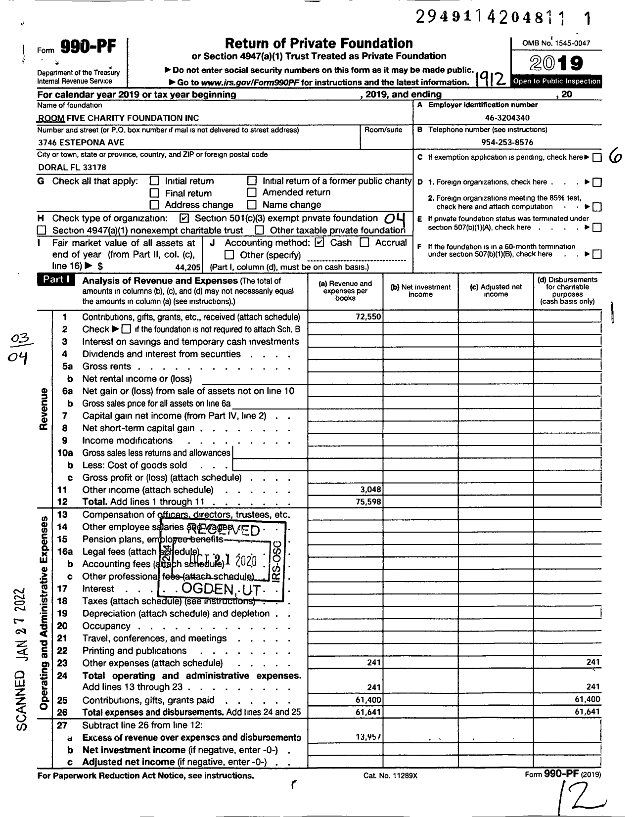 Image of first page of 2019 Form 990PF for Room Five Charity Foundation