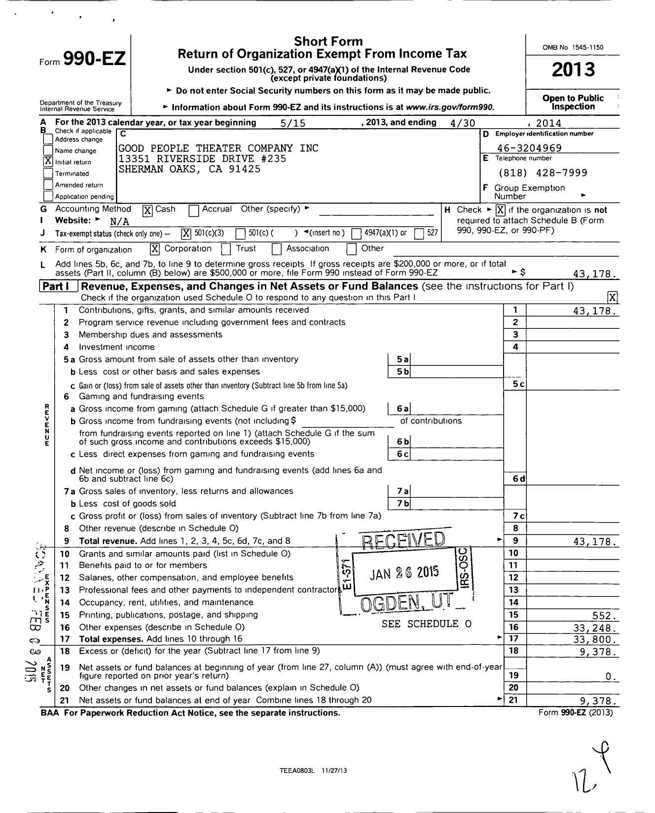 Image of first page of 2013 Form 990EZ for Good People Theater Company