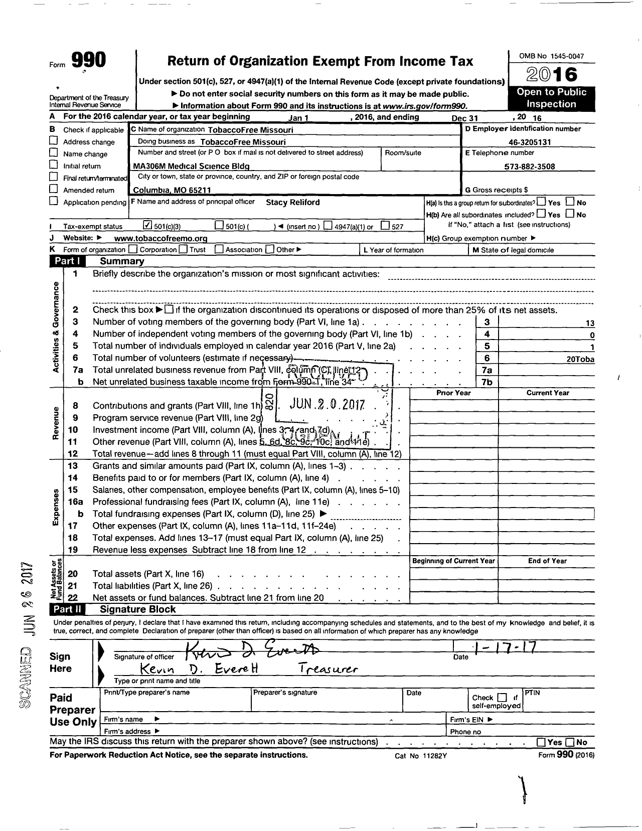 Image of first page of 2016 Form 990 for Tobacco Free Missouri