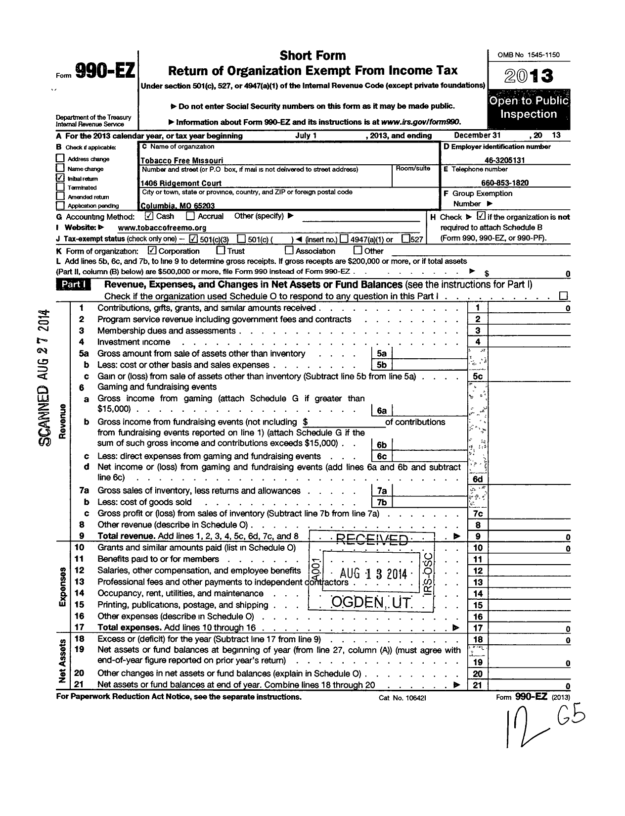 Image of first page of 2013 Form 990EZ for Tobacco Free Missouri