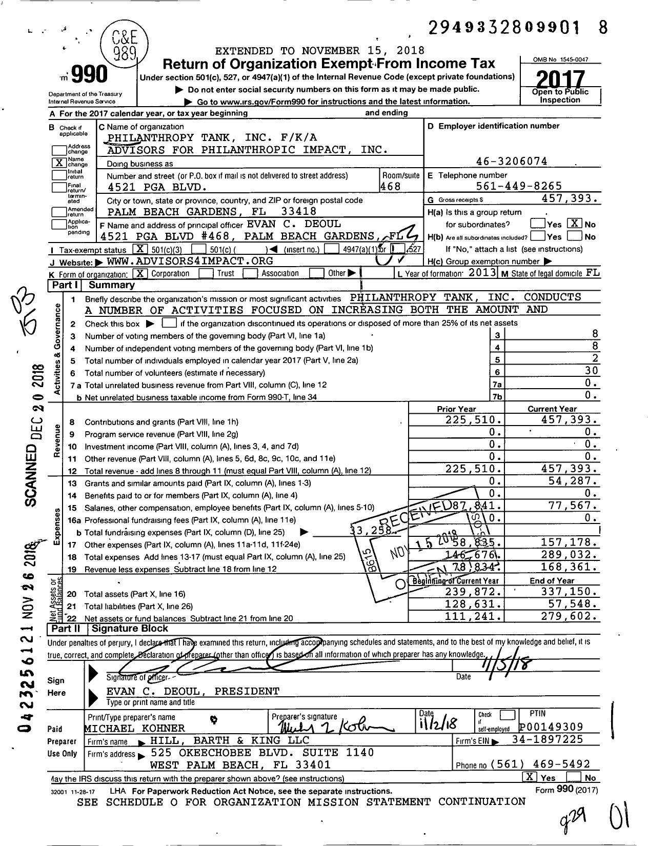Image of first page of 2017 Form 990 for Philanthropy Tank