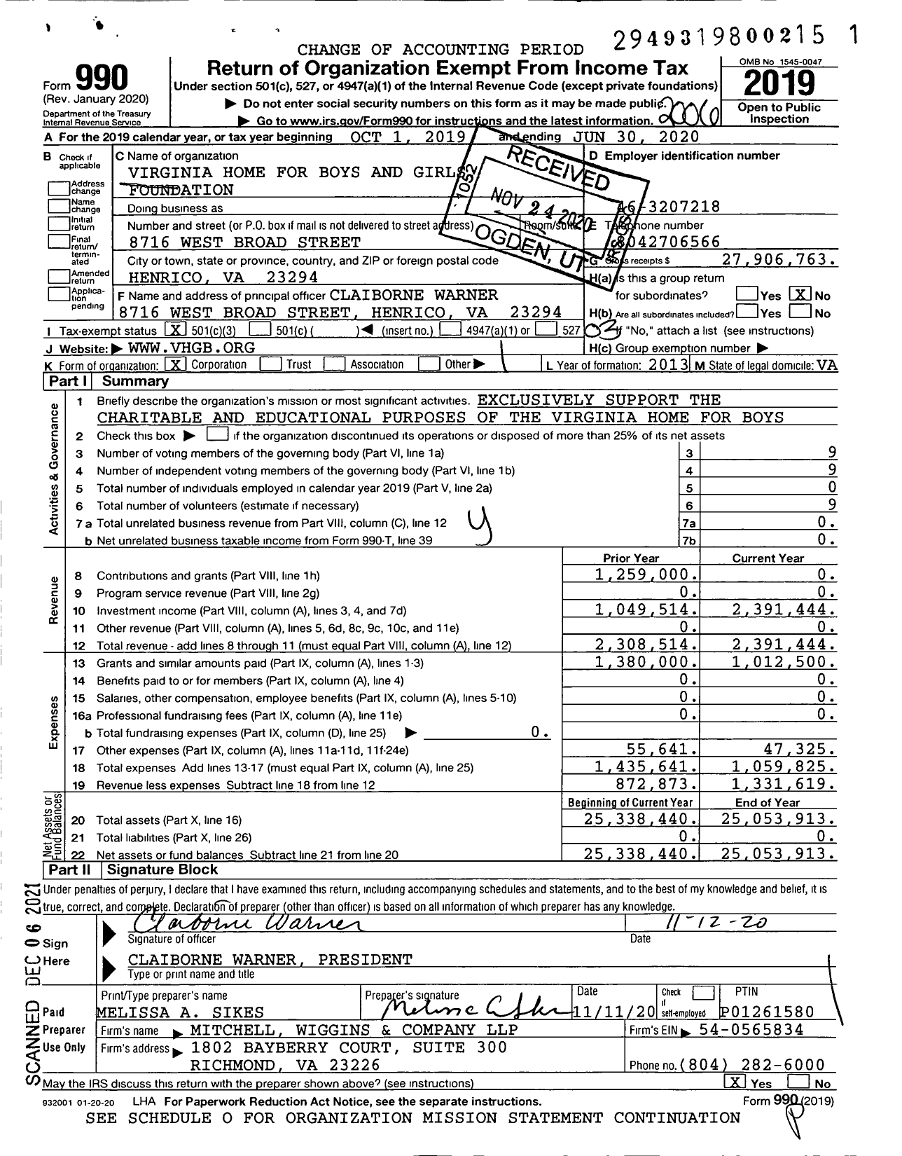 Image of first page of 2019 Form 990 for Virginia Home for Boys and Girls Foundation