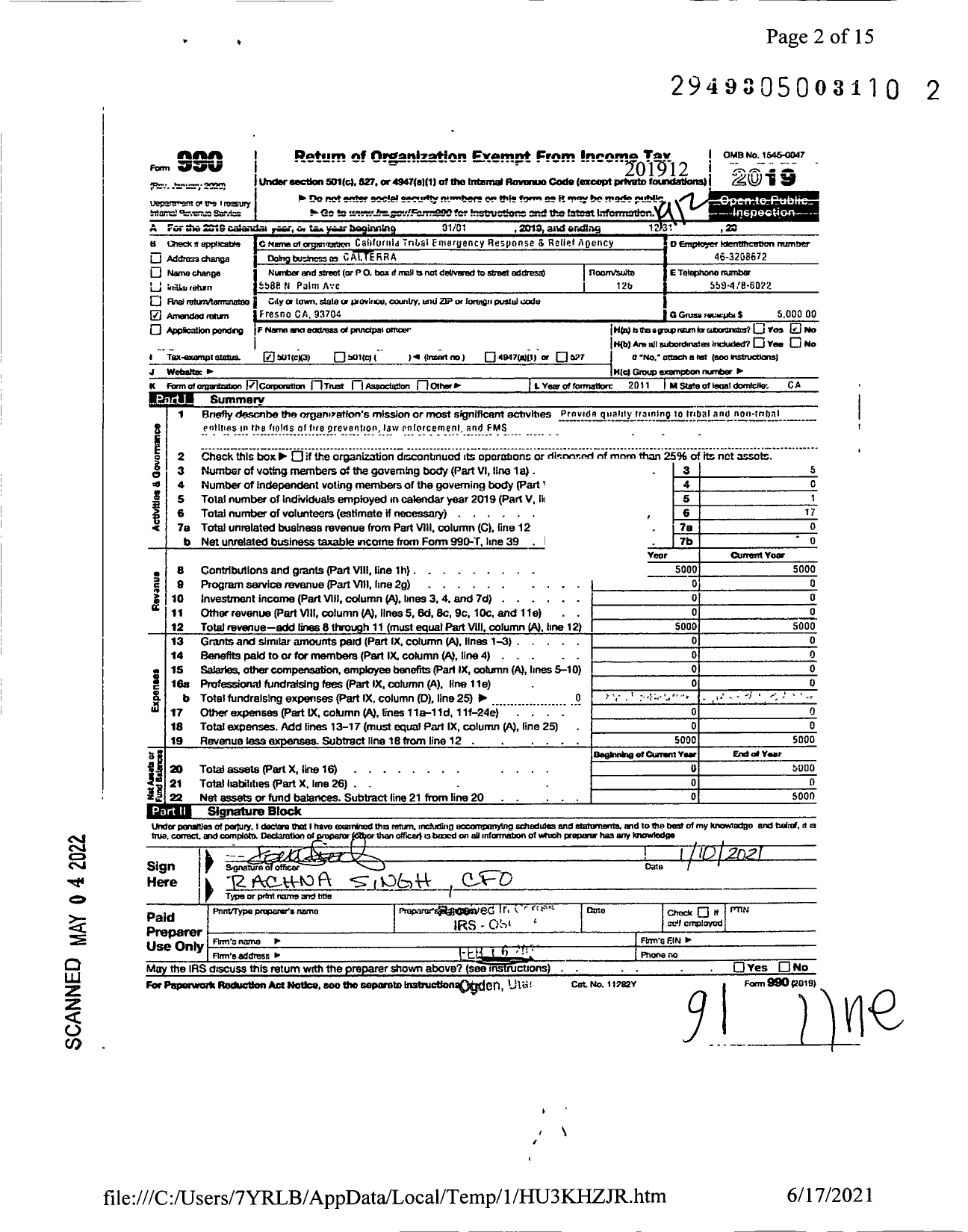 Image of first page of 2019 Form 990 for California Tribal Emergency Response and Relief Agency