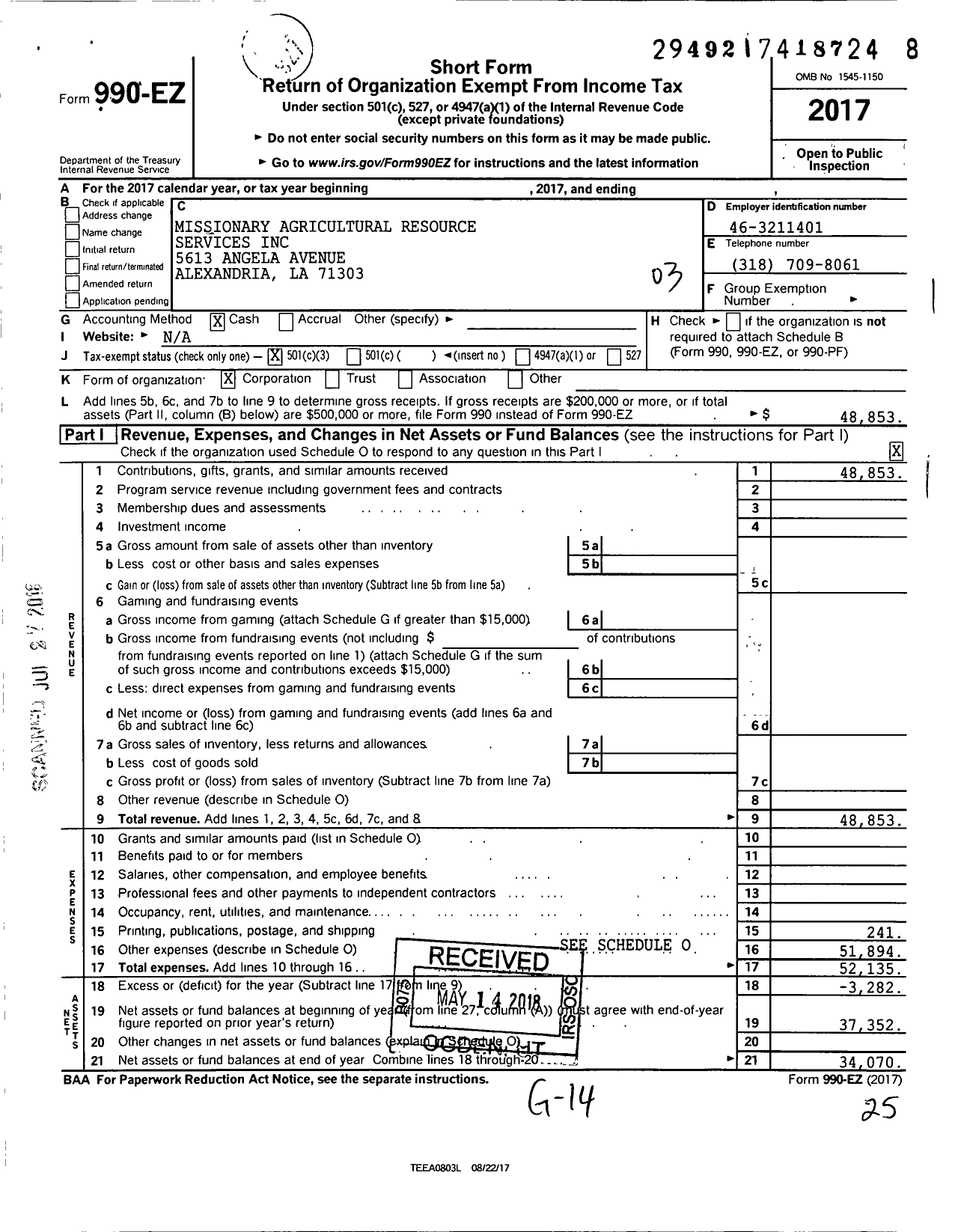 Image of first page of 2017 Form 990EZ for Missionary Agricultural Resource Services