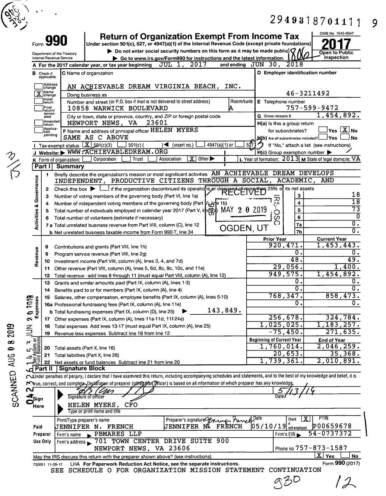 Image of first page of 2017 Form 990 for An Achievable Dream Virginia Beach