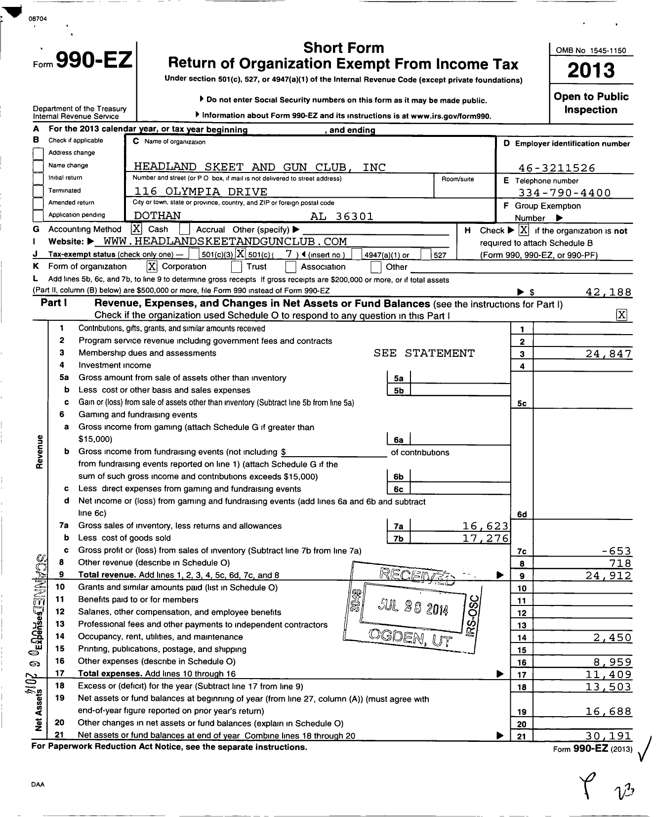 Image of first page of 2013 Form 990EO for Headland Skeet and Gun Club