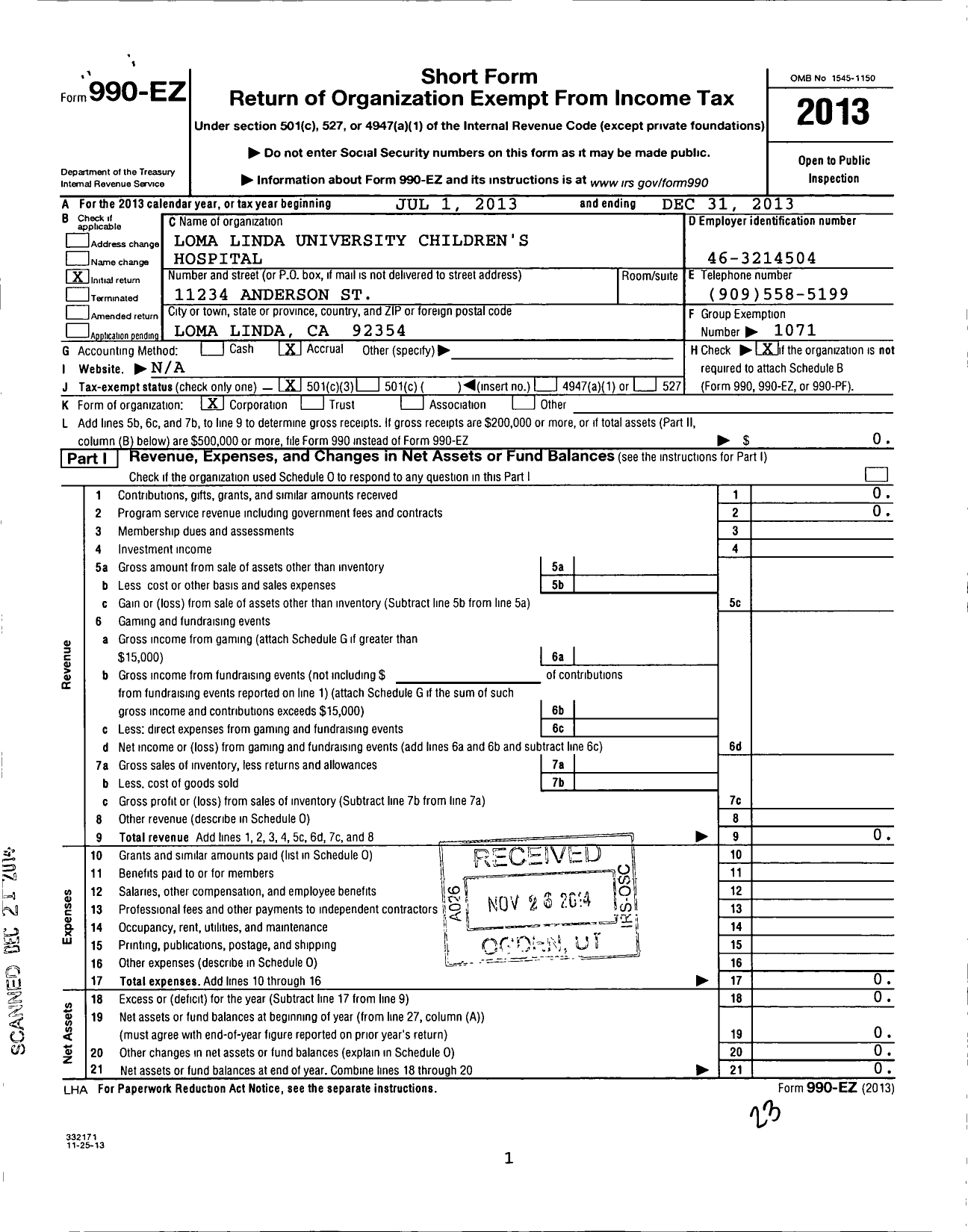 Image of first page of 2013 Form 990EZ for Loma Linda University Children's Hospital