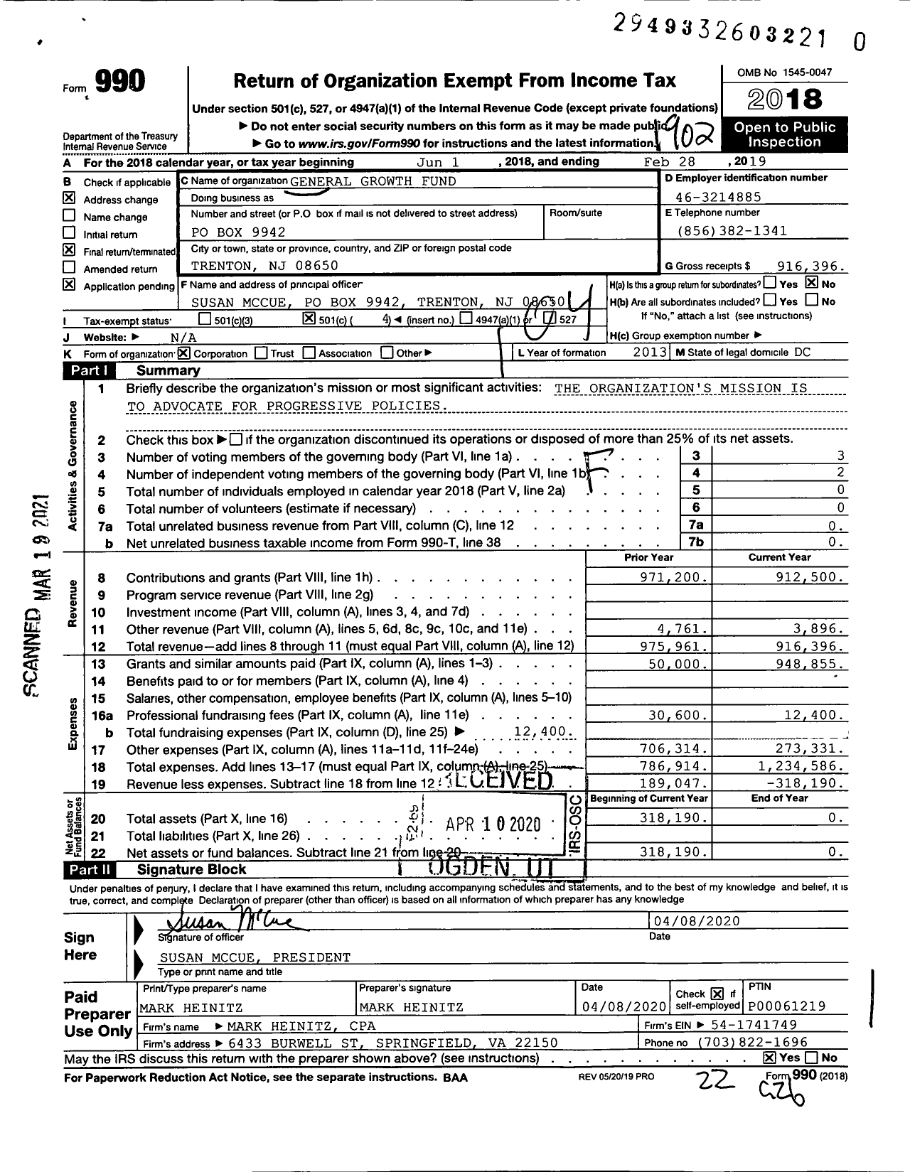 Image of first page of 2018 Form 990O for General Growth Fund