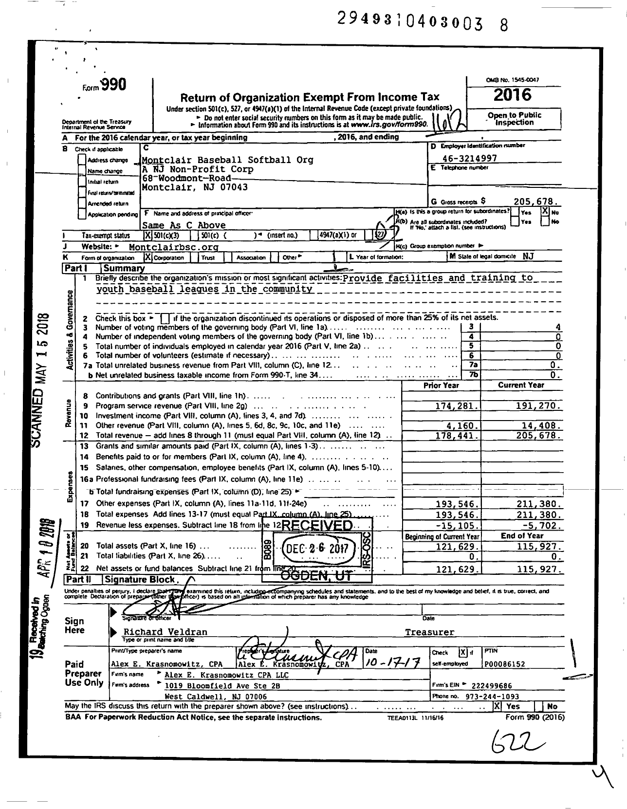 Image of first page of 2016 Form 990 for Montclair Baseball Softball Org A NJ Non-Profit Corp