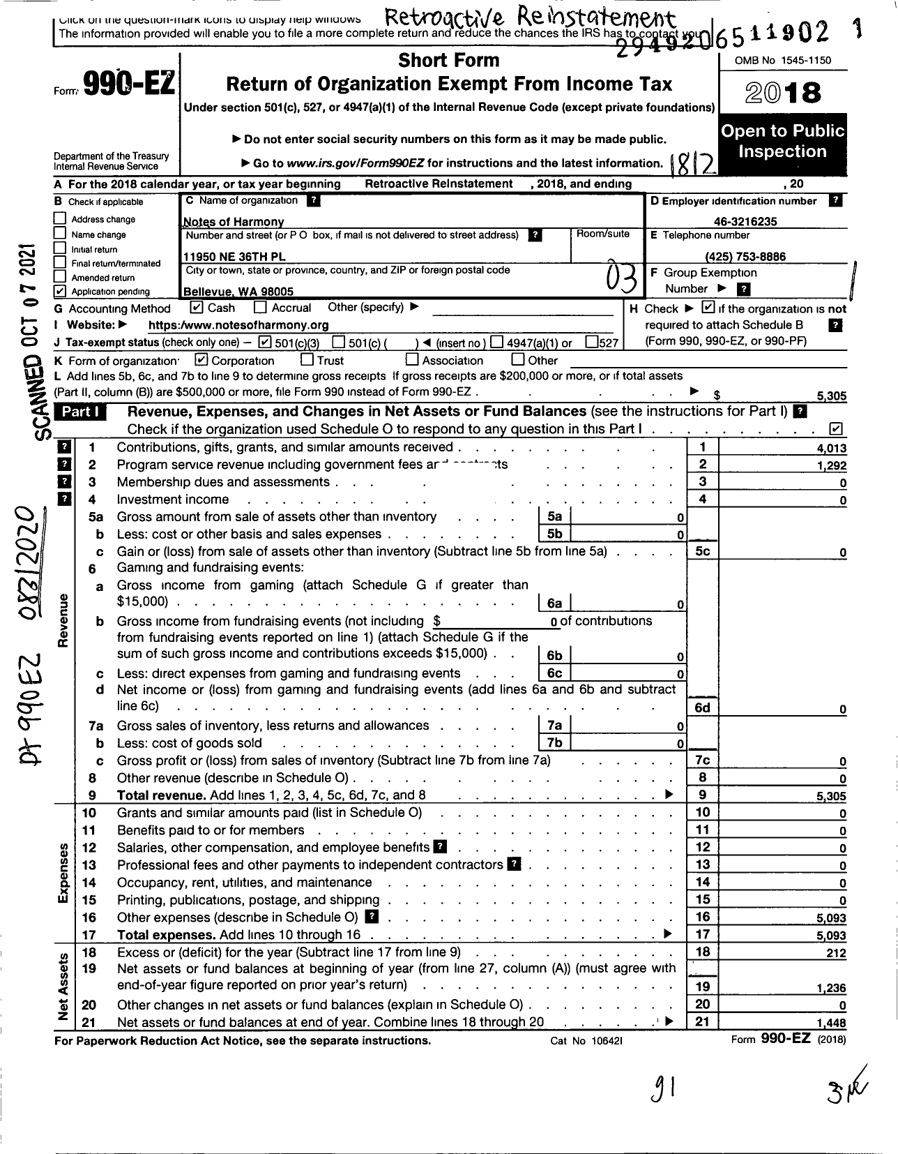 Image of first page of 2018 Form 990EZ for Notes of Harmony