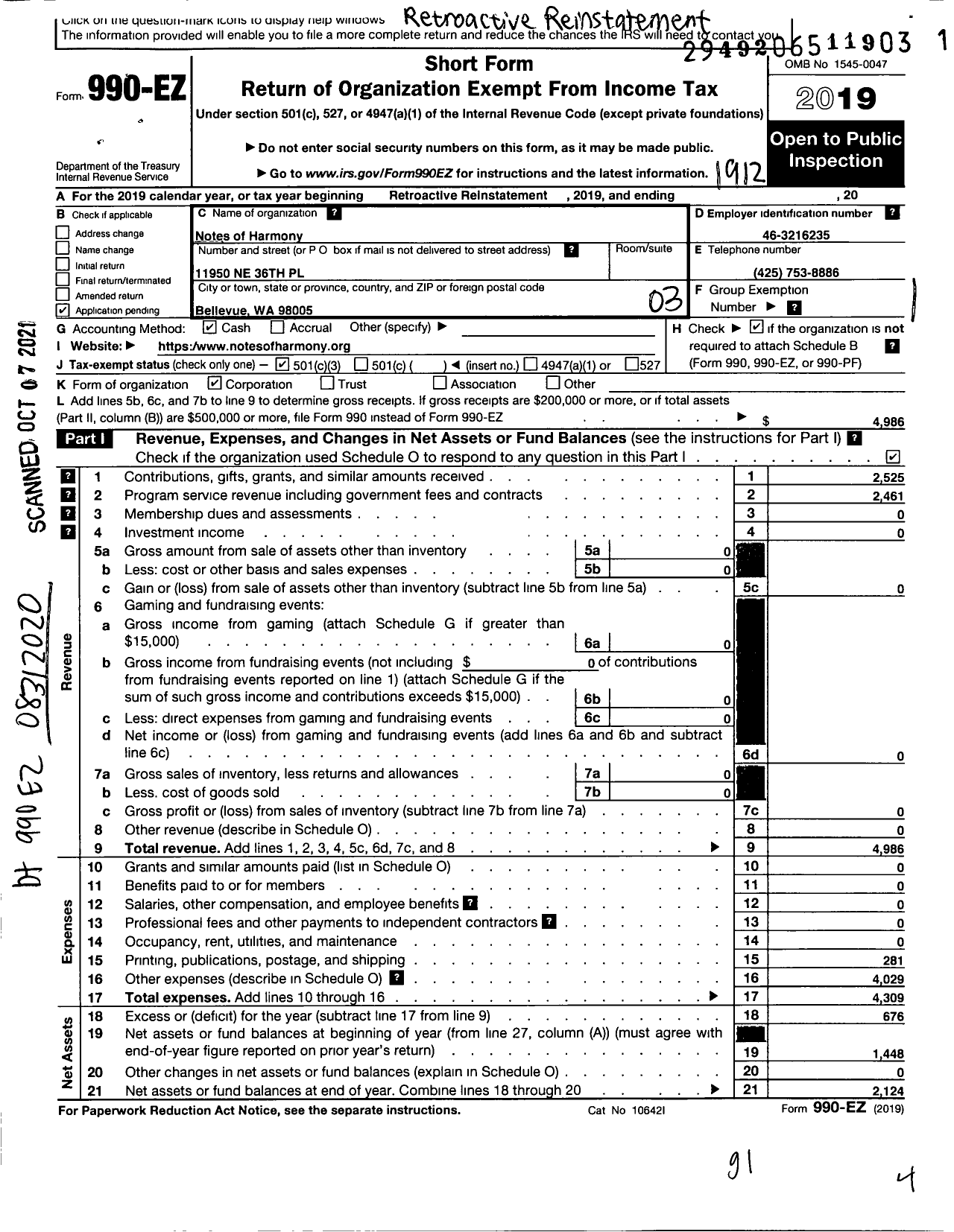 Image of first page of 2019 Form 990EZ for Notes of Harmony