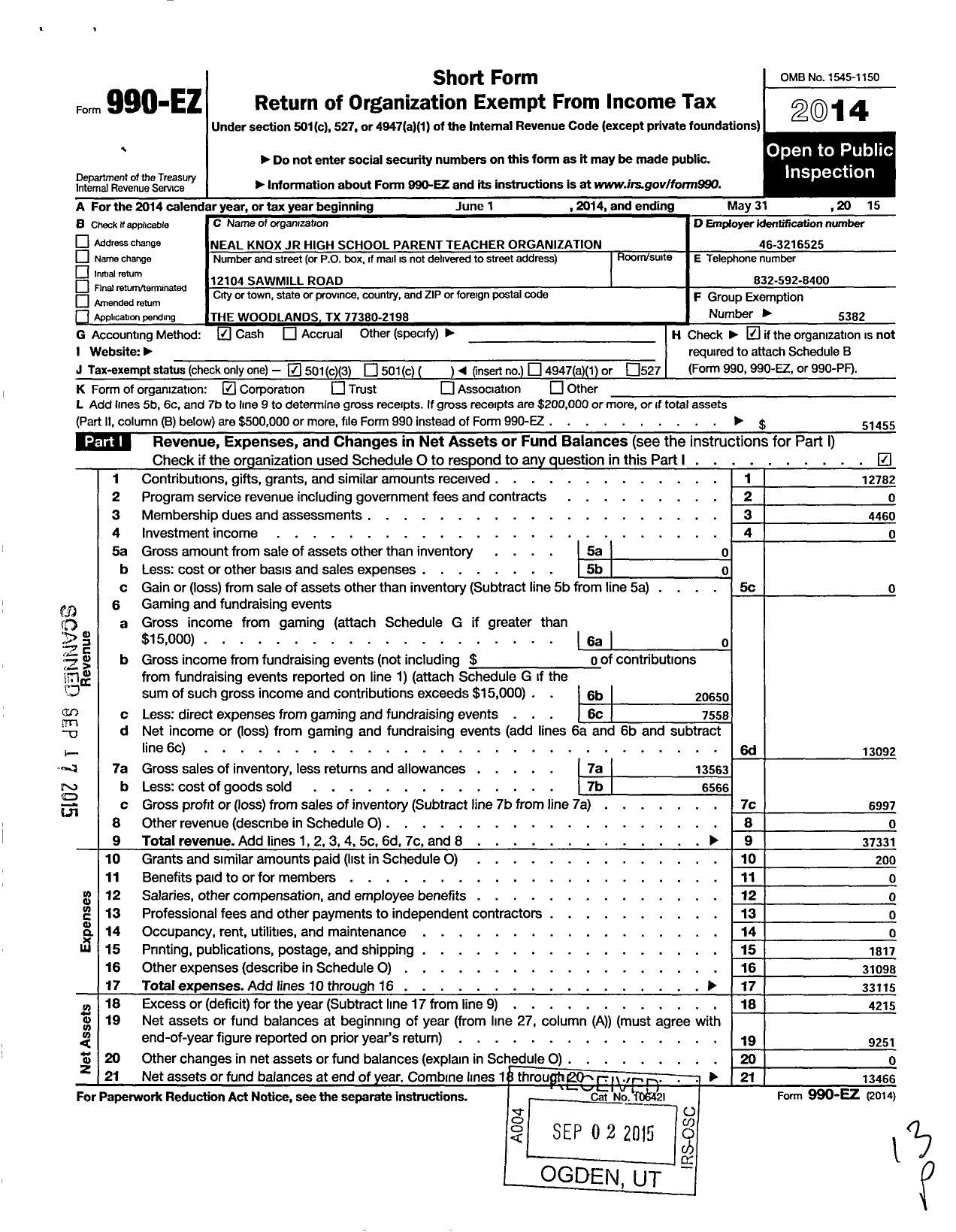 Image of first page of 2014 Form 990EZ for Cisd Educational Support Groups / Neal Knox JR High School Pto