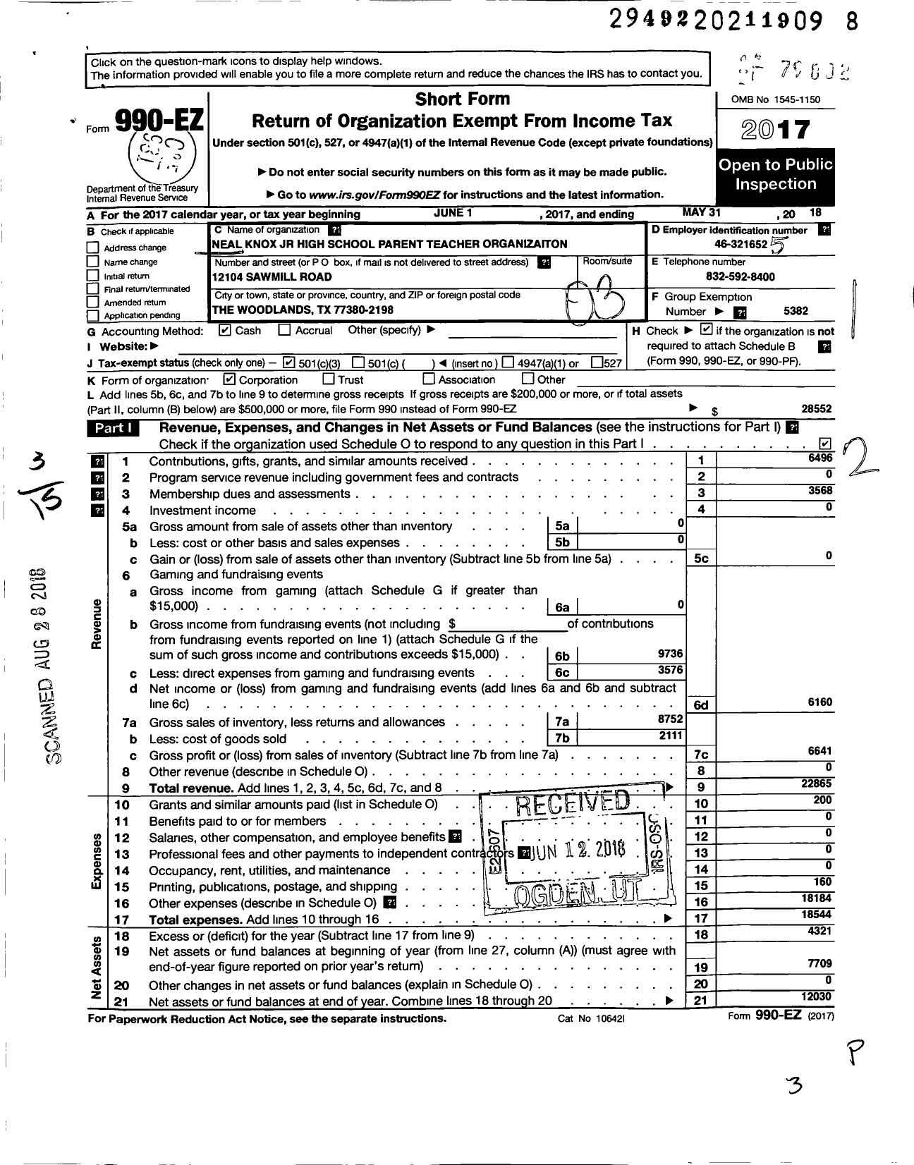 Image of first page of 2017 Form 990EZ for Cisd Educational Support Groups / Neal Knox JR High School Pto