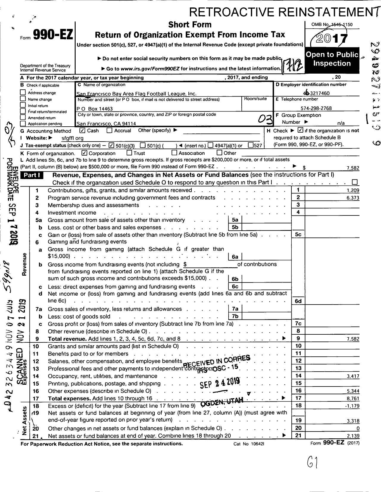 Image of first page of 2017 Form 990EZ for San Francisco Bay Area Flag Football League (SFBAFFL)