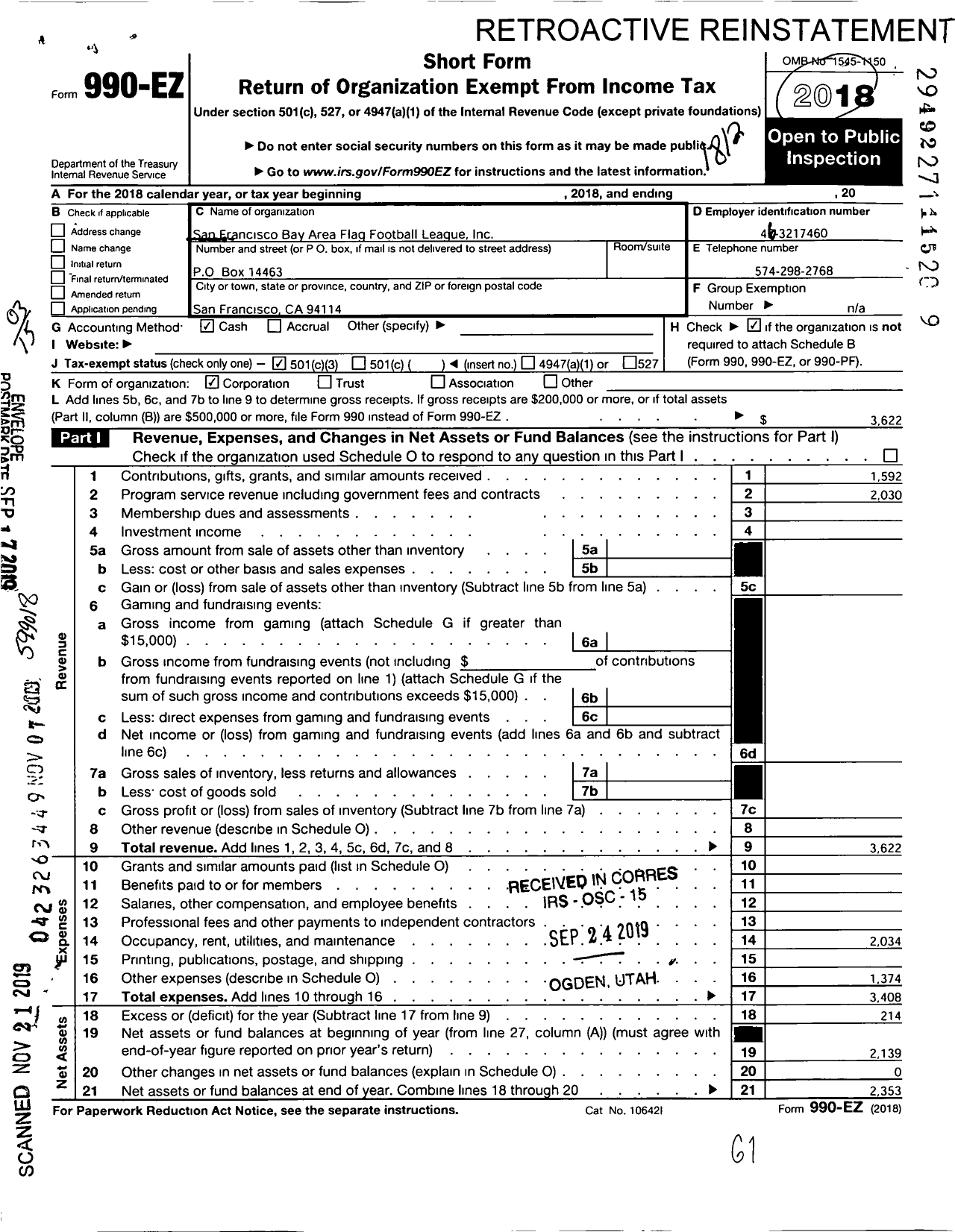 Image of first page of 2018 Form 990EZ for San Francisco Bay Area Flag Football League (SFBAFFL)