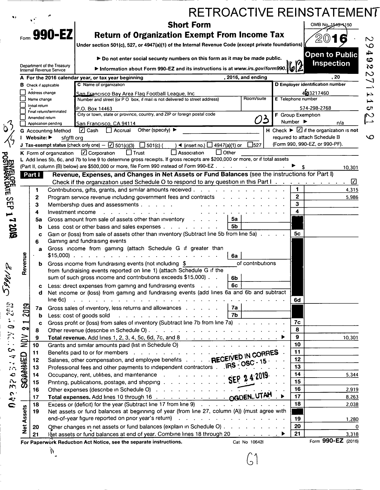 Image of first page of 2016 Form 990EZ for San Francisco Bay Area Flag Football League (SFBAFFL)