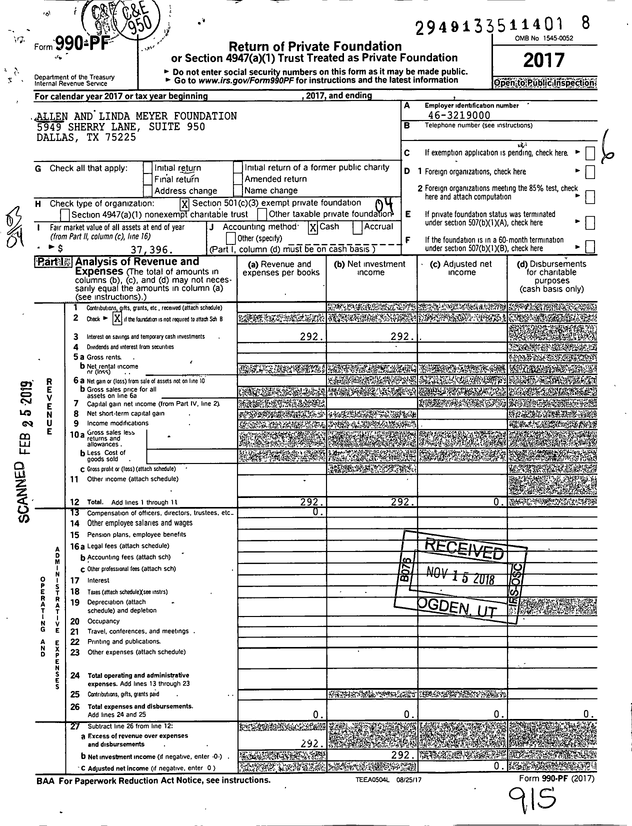 Image of first page of 2017 Form 990PF for Allen and Linda Meyer Foundation