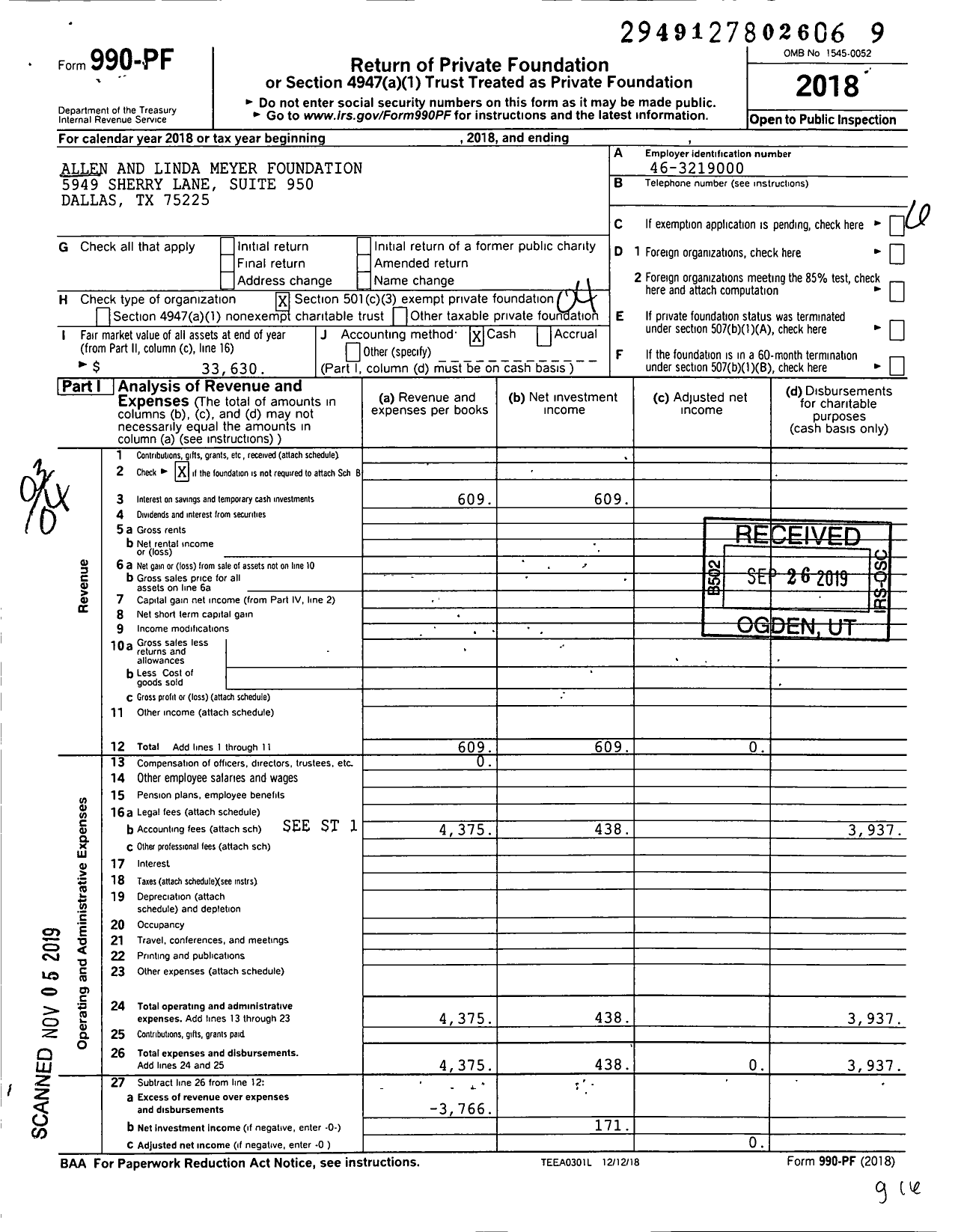 Image of first page of 2018 Form 990PF for Allen and Linda Meyer Foundation