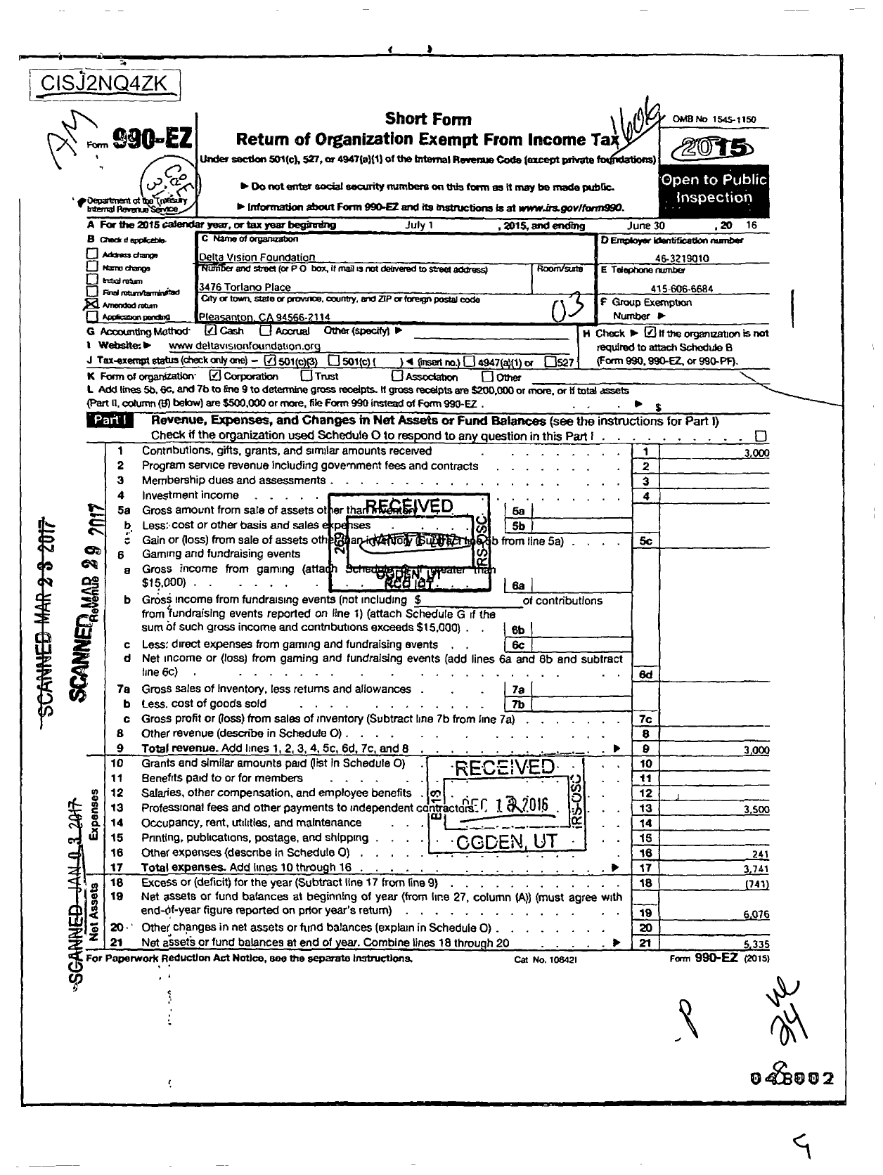 Image of first page of 2015 Form 990EZ for Delta Vision Foundation