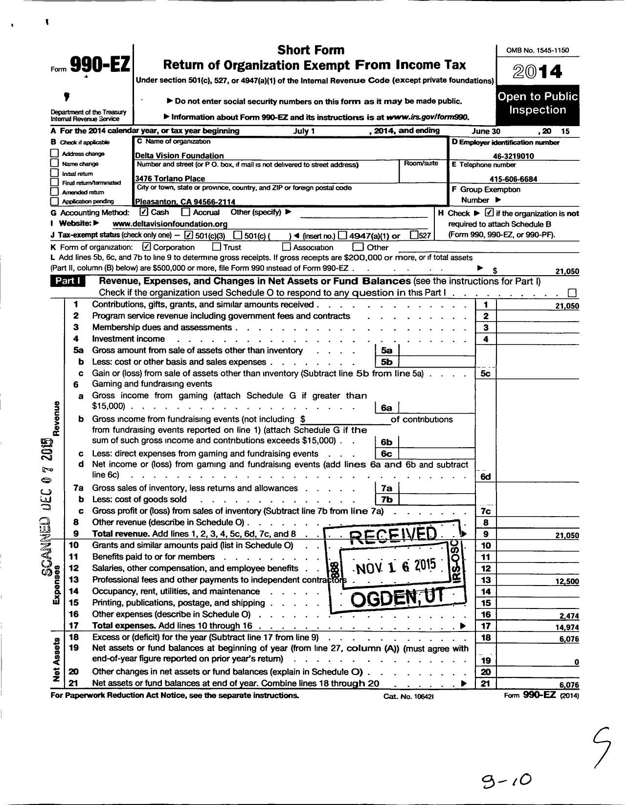 Image of first page of 2014 Form 990EZ for Delta Vision Foundation