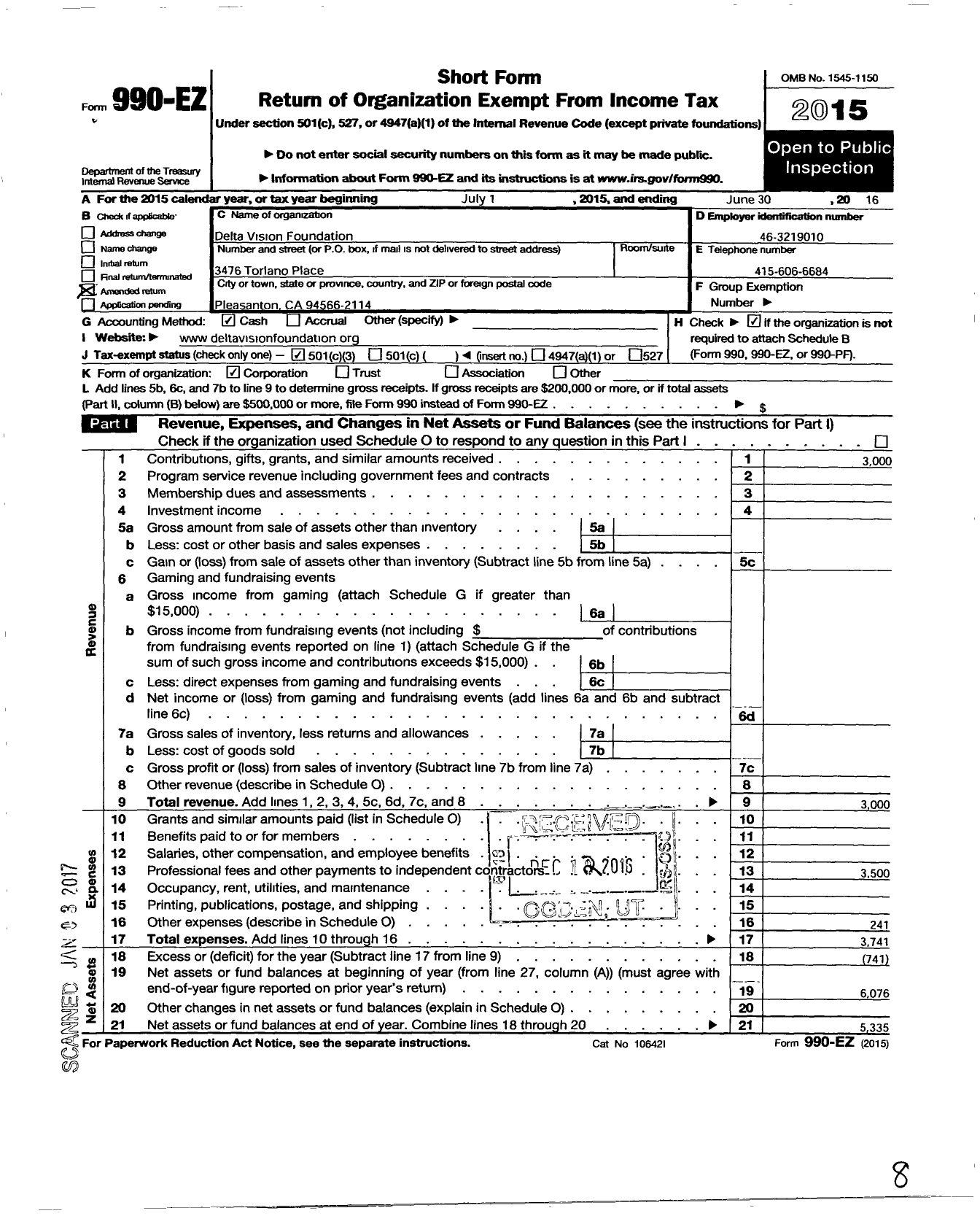 Image of first page of 2015 Form 990EZ for Delta Vision Foundation