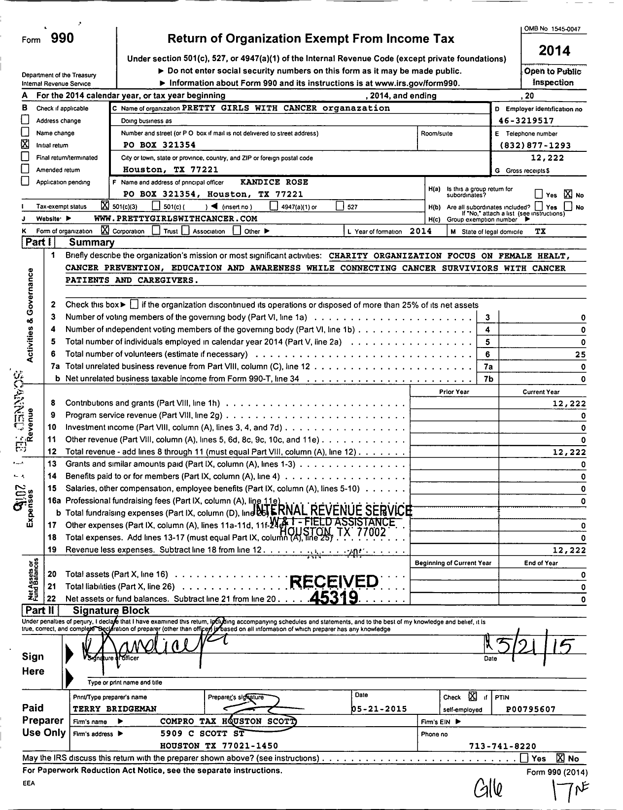 Image of first page of 2014 Form 990 for Pretty Girls with Cancer