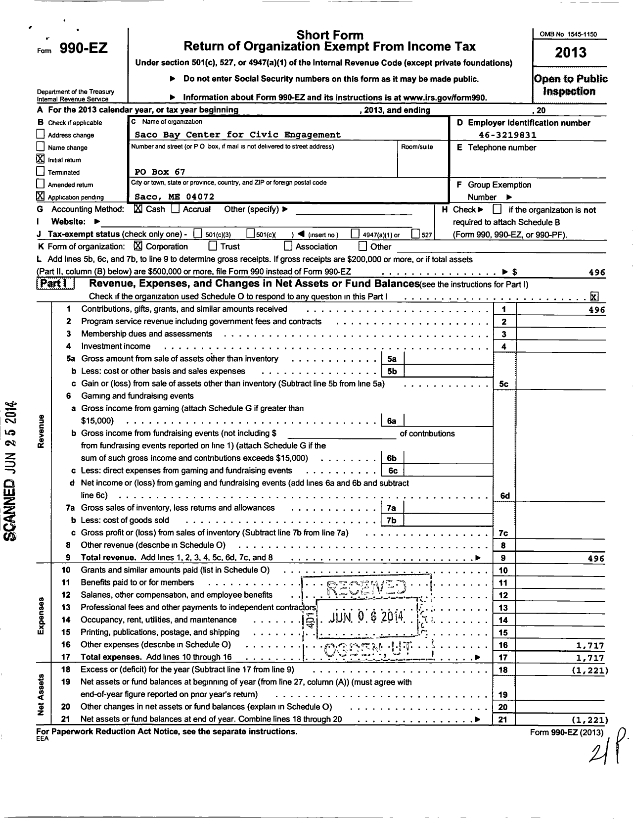 Image of first page of 2013 Form 990EO for Chenette Scholarship Fund