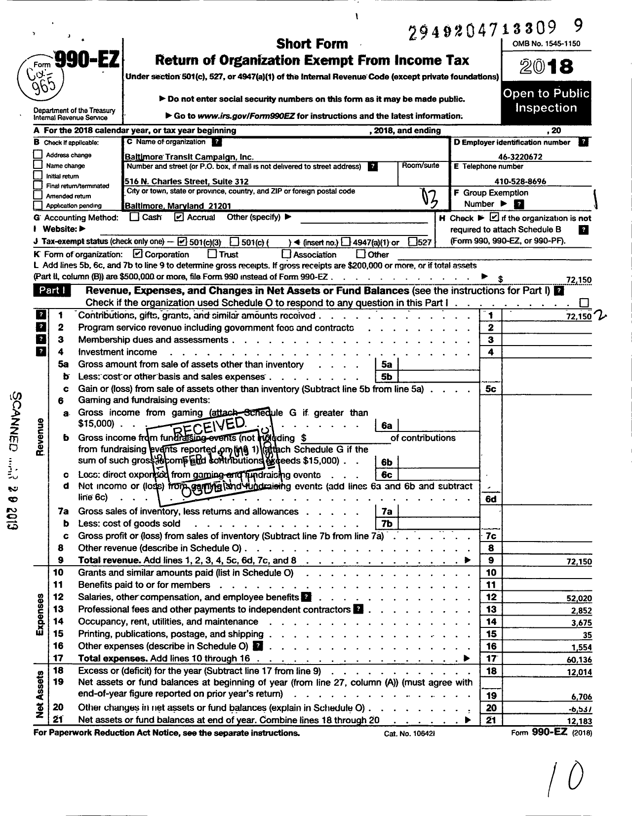 Image of first page of 2018 Form 990EZ for Baltimore Transit Campaign