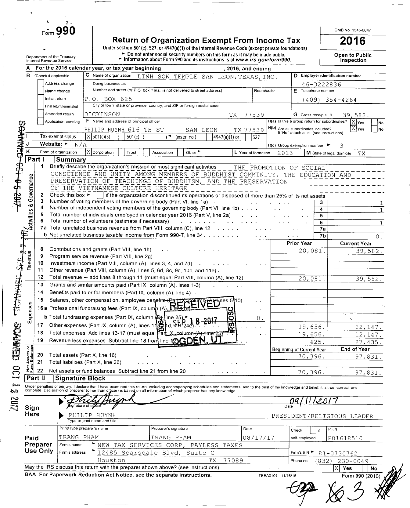 Image of first page of 2016 Form 990 for Linh Son Temple San Leon Texas