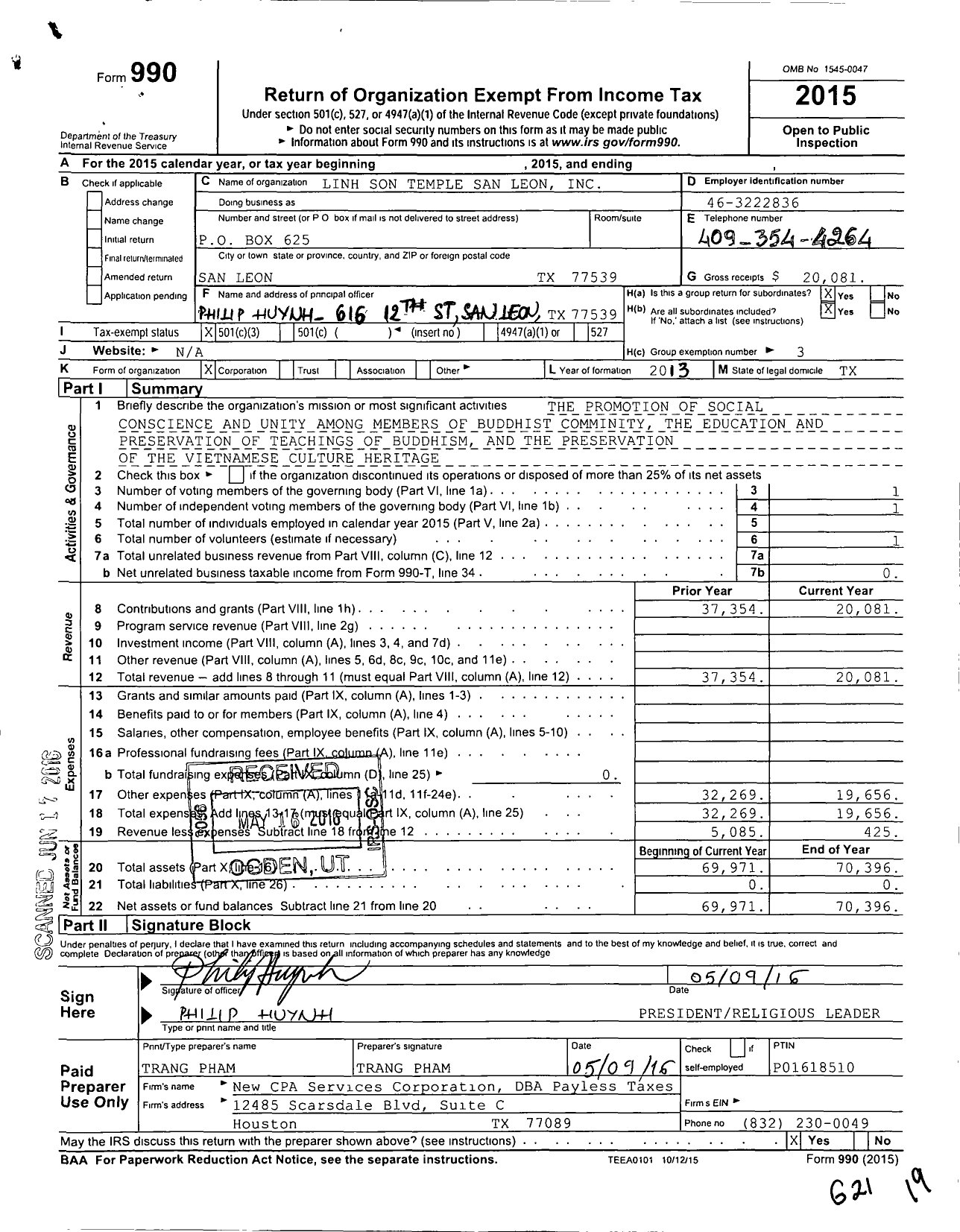 Image of first page of 2015 Form 990 for Linh Son Temple San Leon Texas