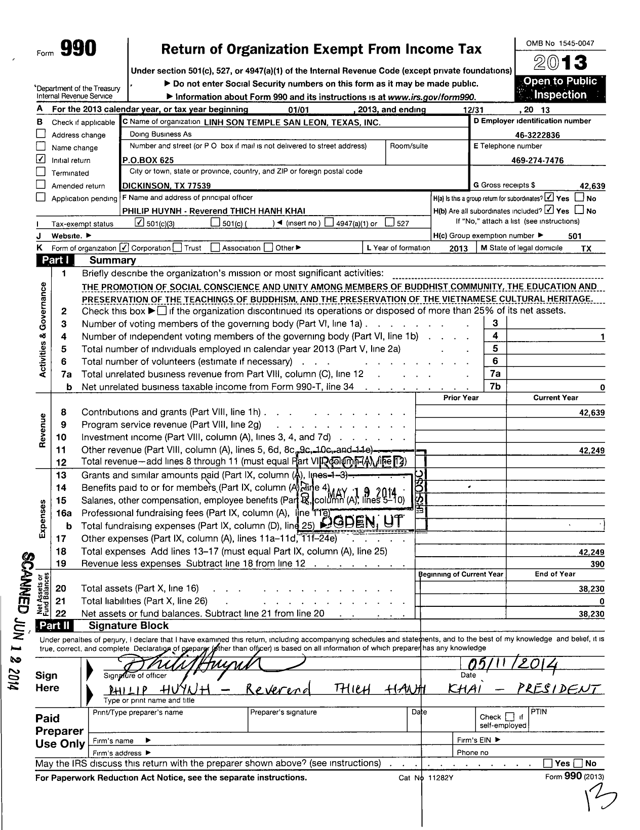 Image of first page of 2013 Form 990 for Linh Son Temple San Leon Texas