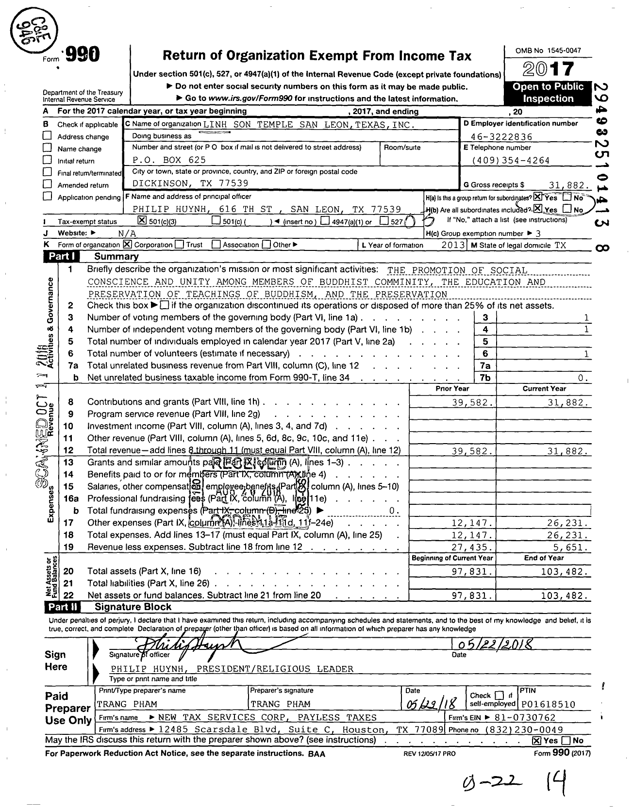 Image of first page of 2017 Form 990 for Linh Son Temple San Leon Texas