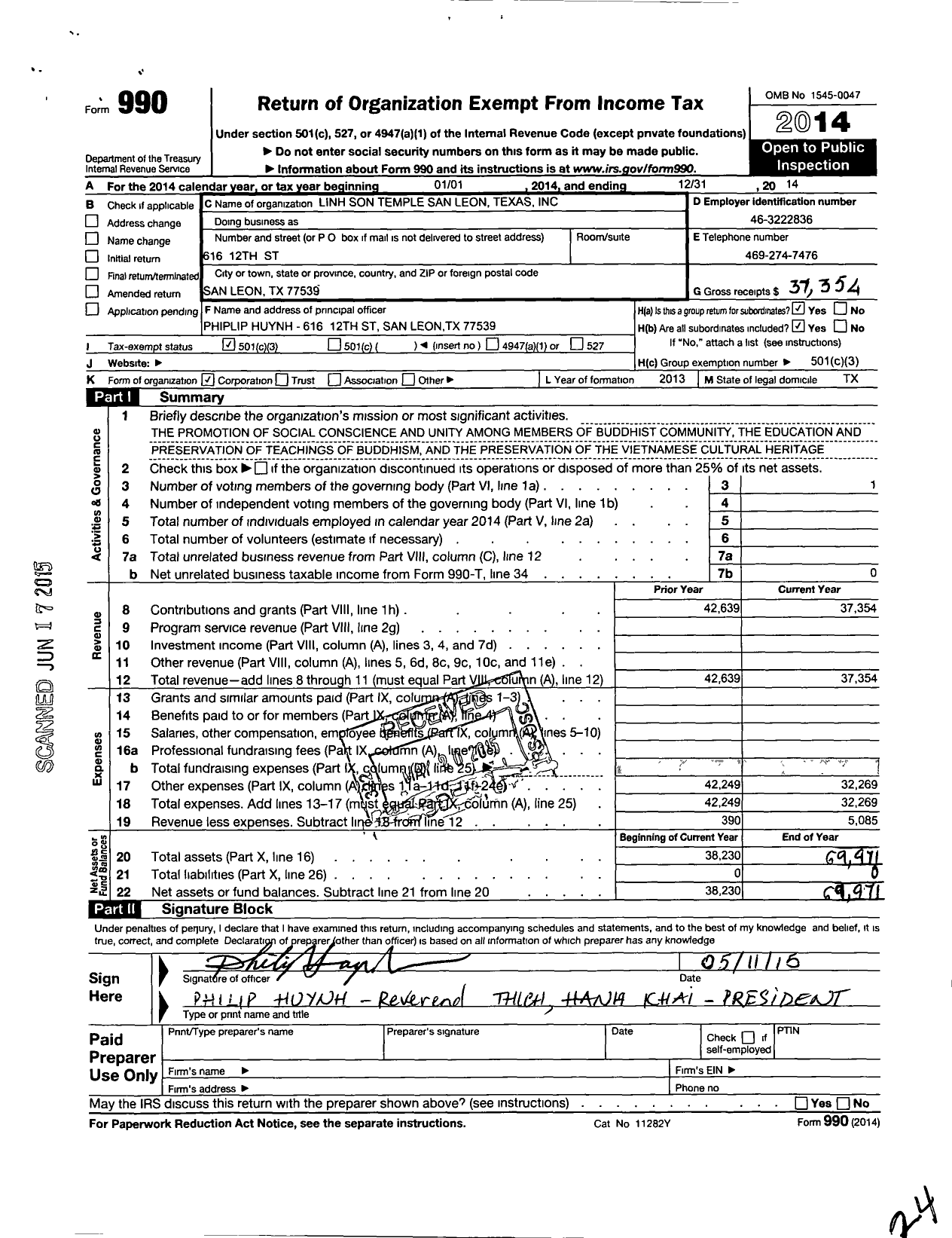 Image of first page of 2014 Form 990 for Linh Son Temple San Leon Texas