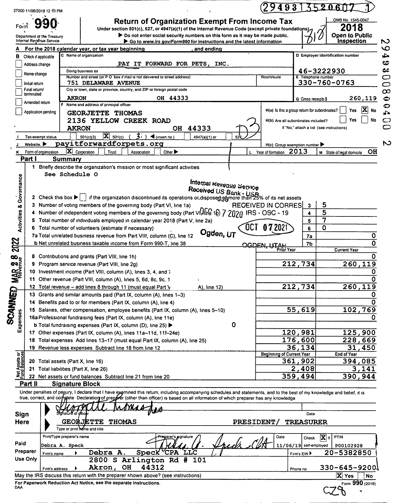 Image of first page of 2018 Form 990 for Pay It Forward for Pets