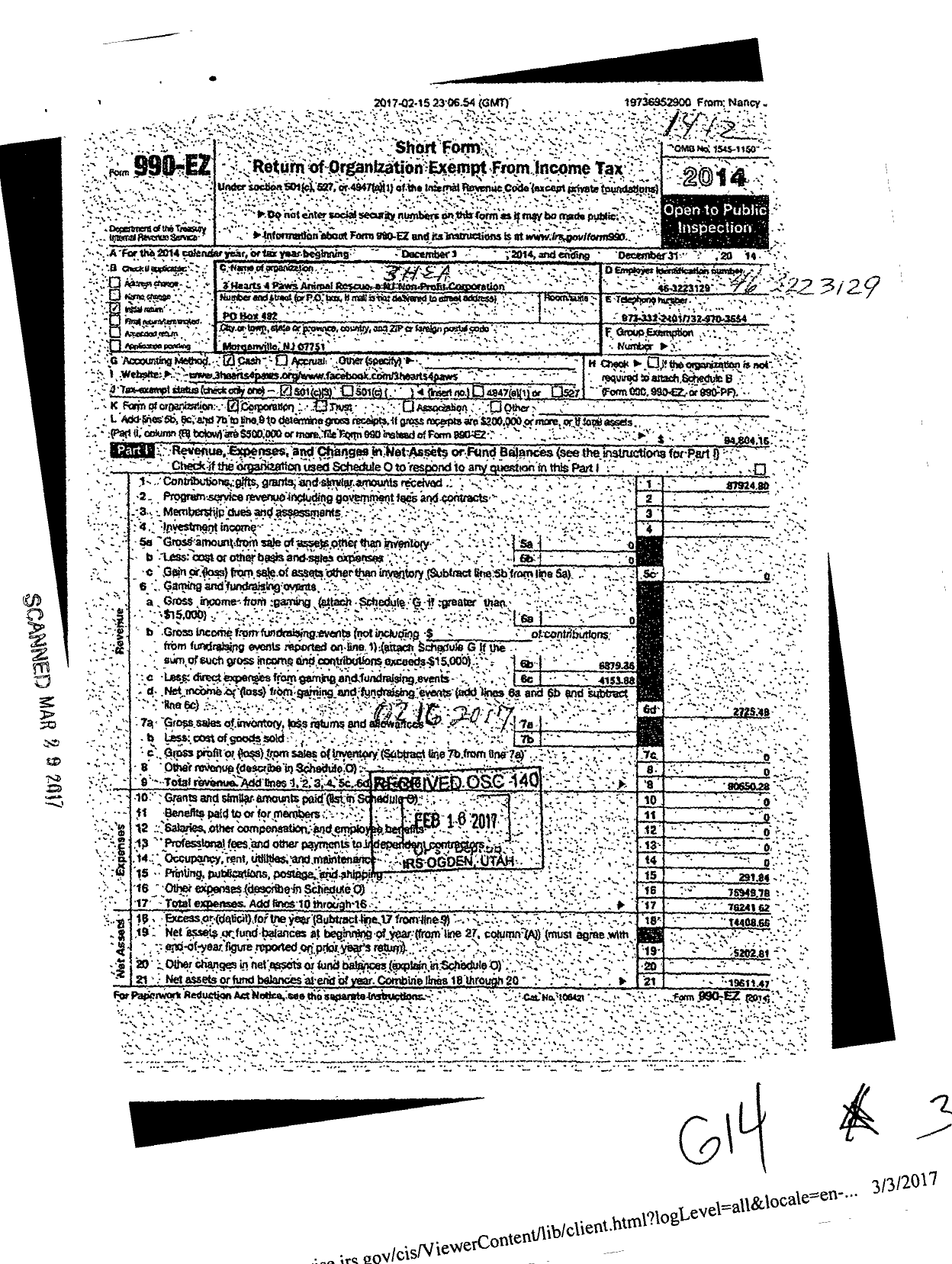 Image of first page of 2014 Form 990EZ for 3 Hearts 4 Paws Animal Rescue