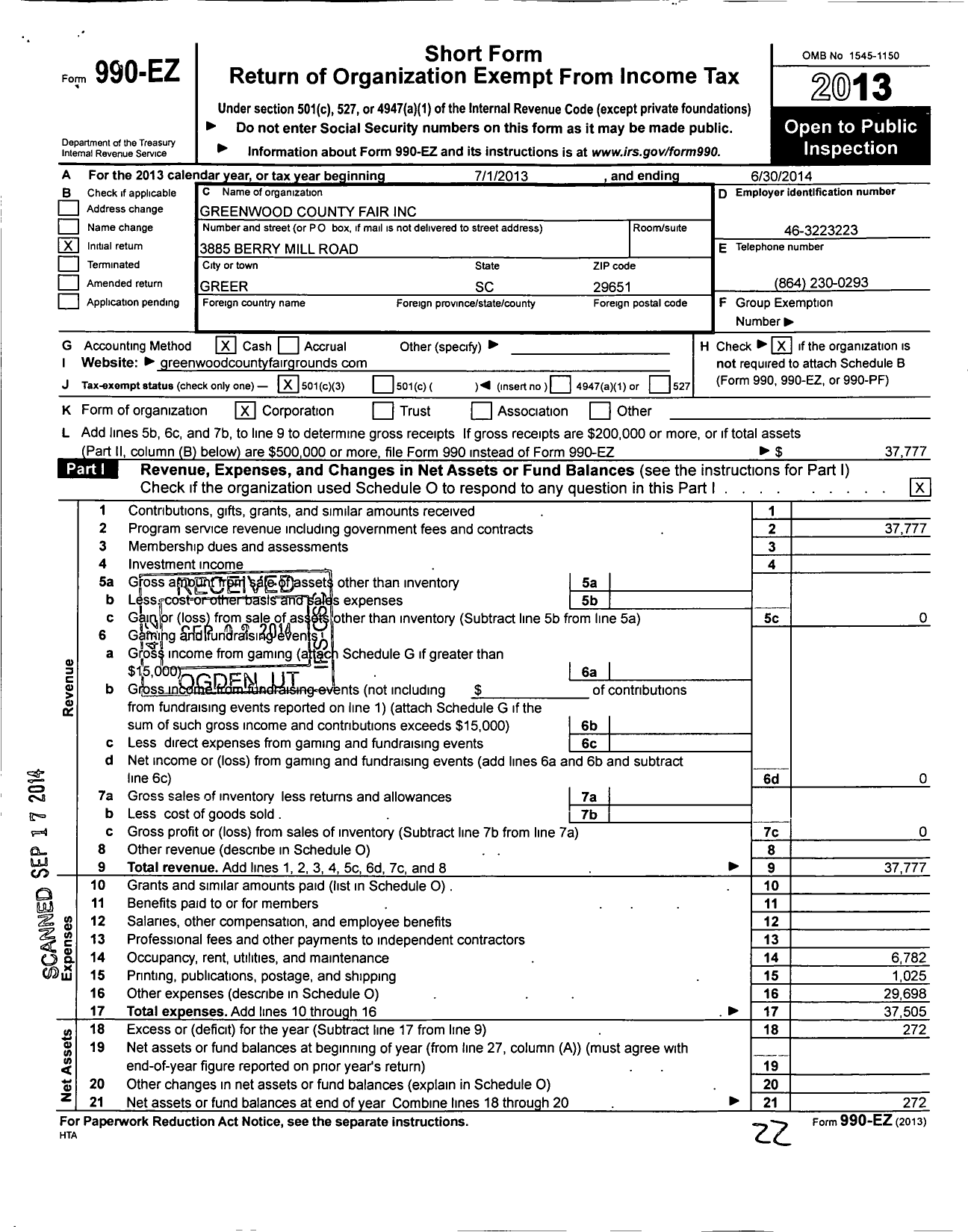 Image of first page of 2013 Form 990EZ for Greenwood County Fair